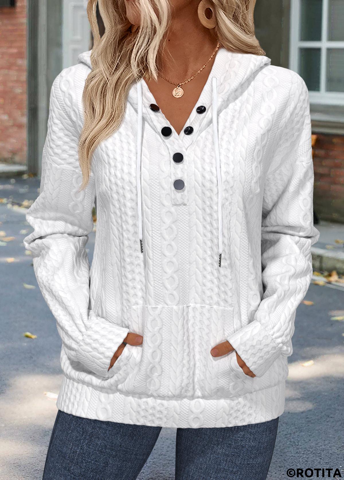 White tops,Plain Color tops,ROTITA Tummy Coverage White Long Sleeve Hoodie