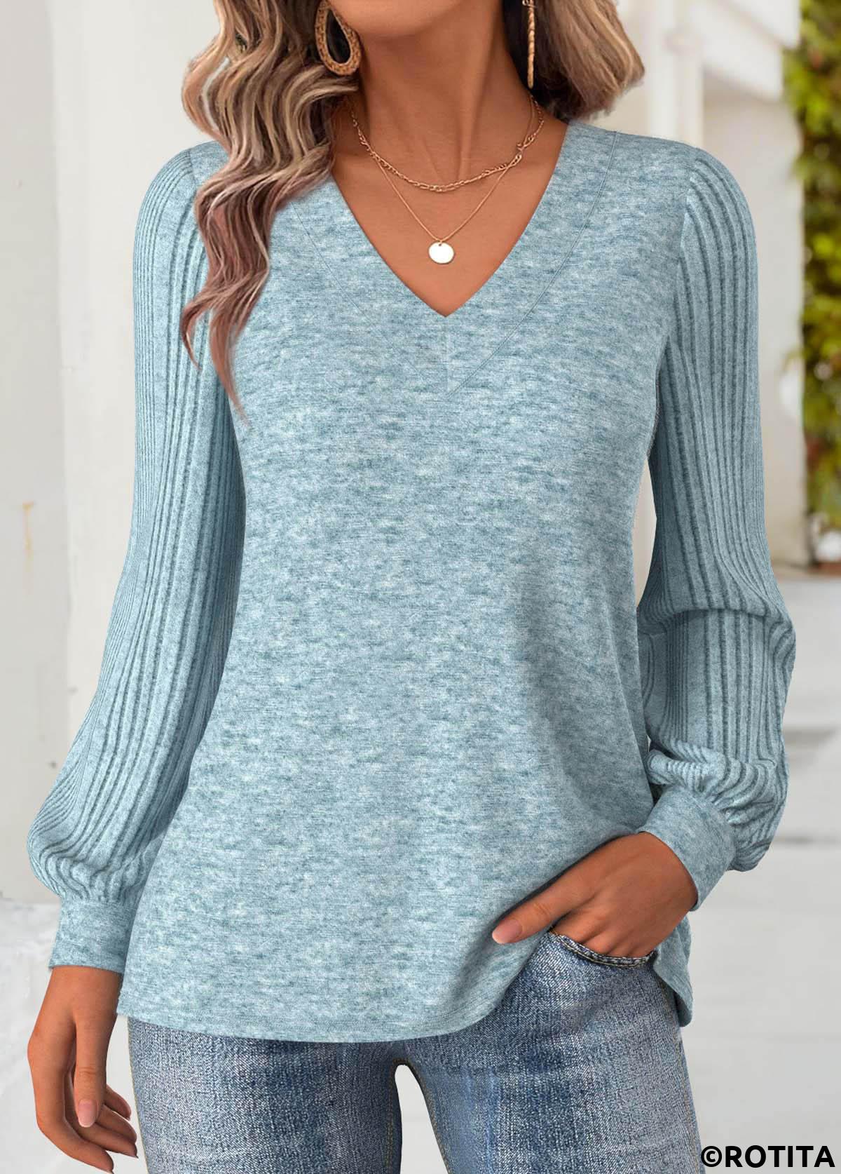 Dusty Blue tops,Plain Color tops,ROTITA Tummy Coverage Dusty Blue V Neck Long Sleeve Sweatshirt