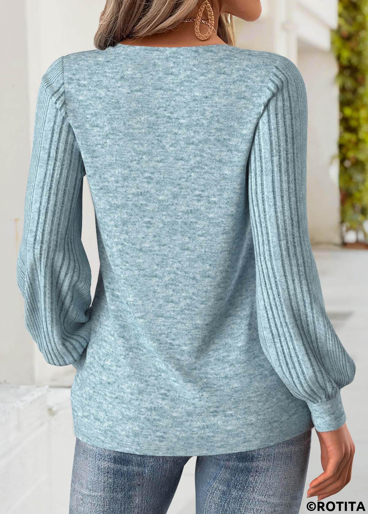 Dusty Blue tops,Plain Color tops,ROTITA Tummy Coverage Dusty Blue V Neck Long Sleeve Sweatshirt
