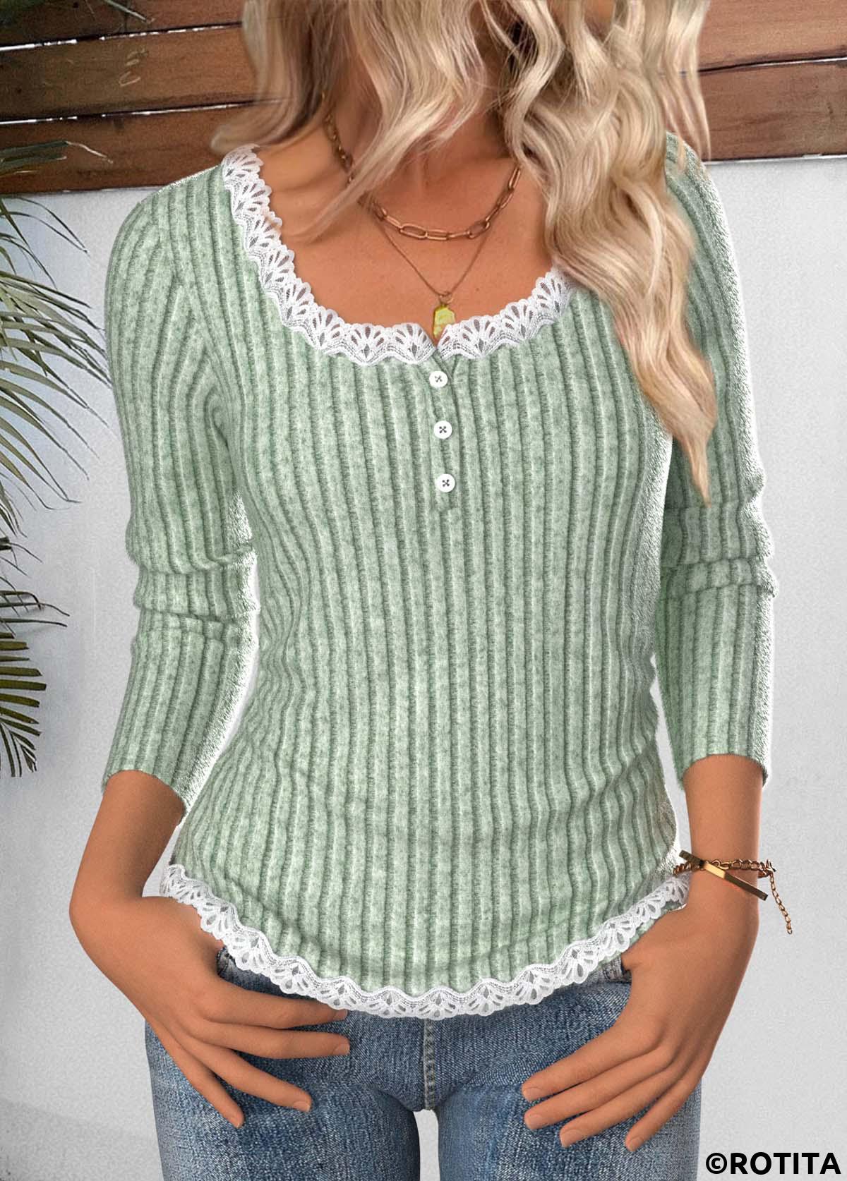 Sage Green tops,Contrast Color tops,ROTITA Tummy Coverage Sage Green Scoop Neck T Shirt