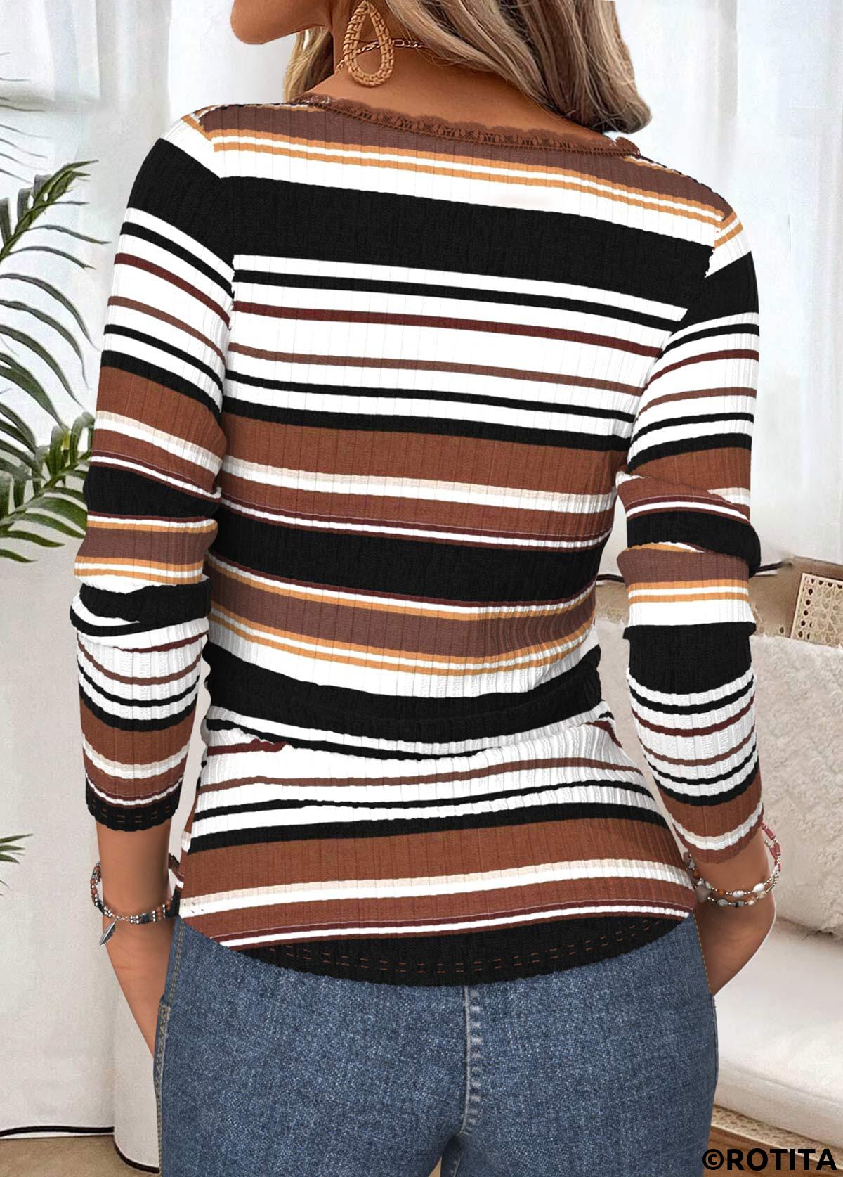 Multi Color tops,Striped tops,Geometric tops,ROTITA Tummy Coverage Striped Multi Color Scoop Neck T Shirt