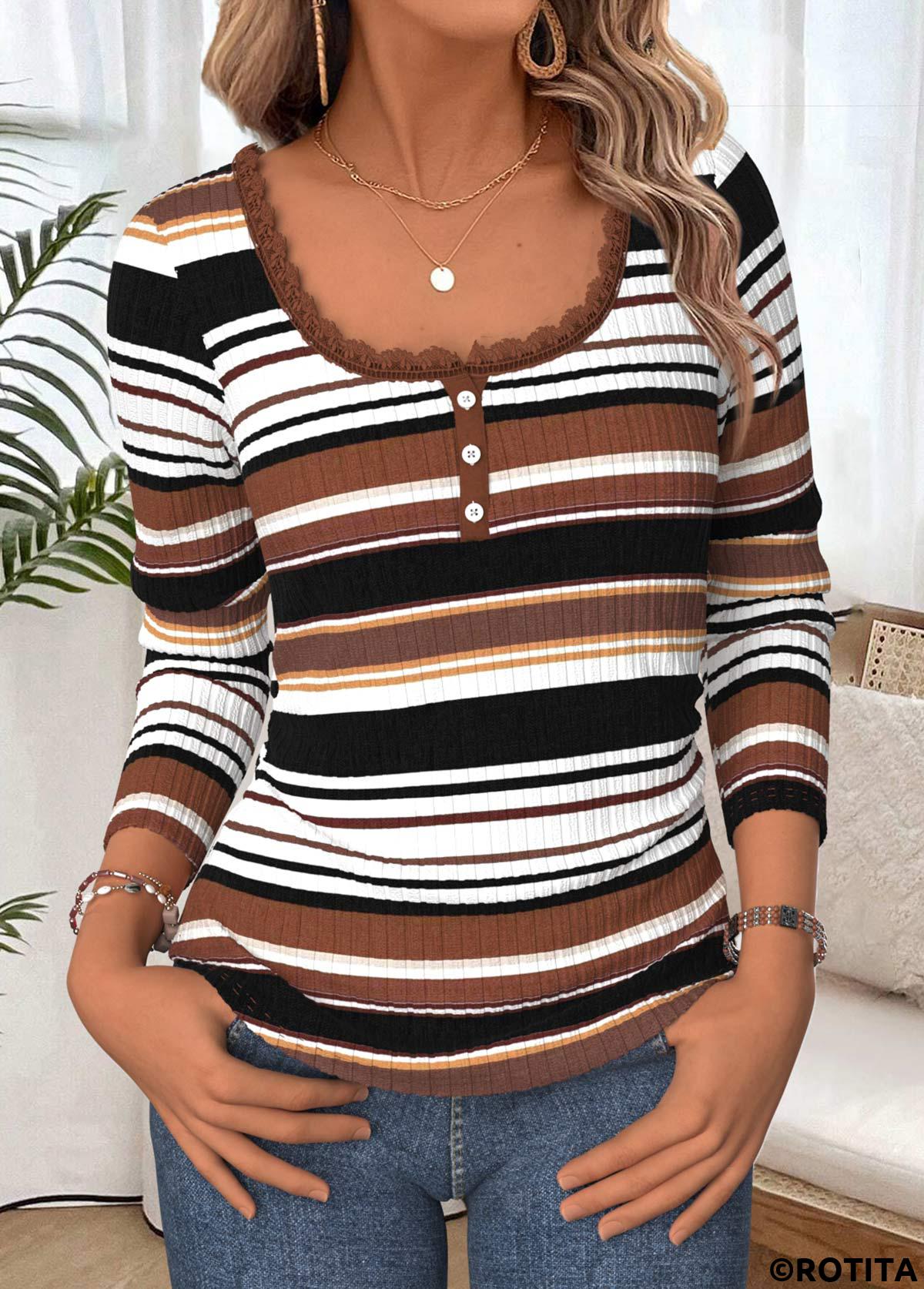 Multi Color tops,Striped tops,Geometric tops,ROTITA Tummy Coverage Striped Multi Color Scoop Neck T Shirt