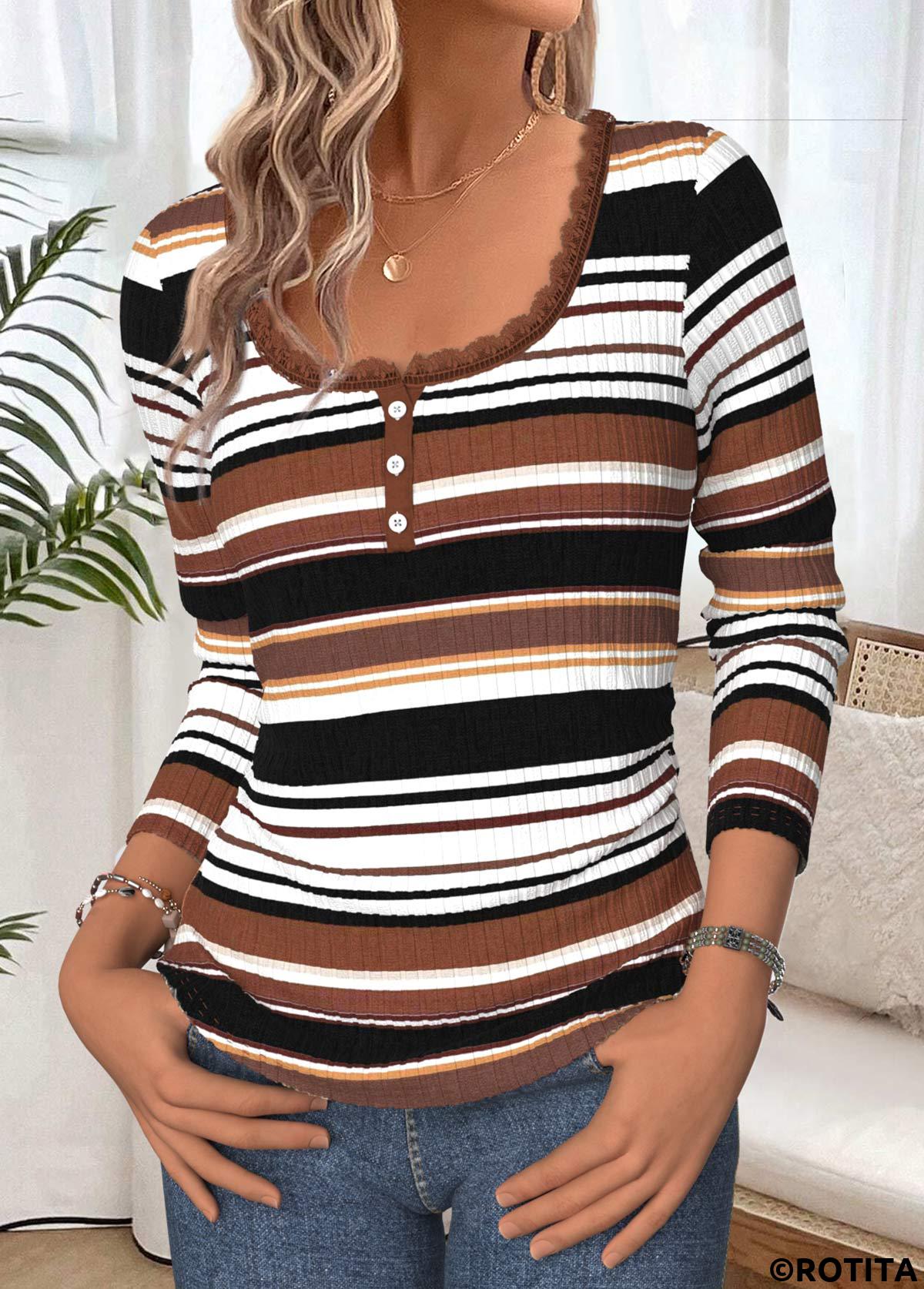 Multi Color tops,Striped tops,Geometric tops,ROTITA Tummy Coverage Striped Multi Color Scoop Neck T Shirt
