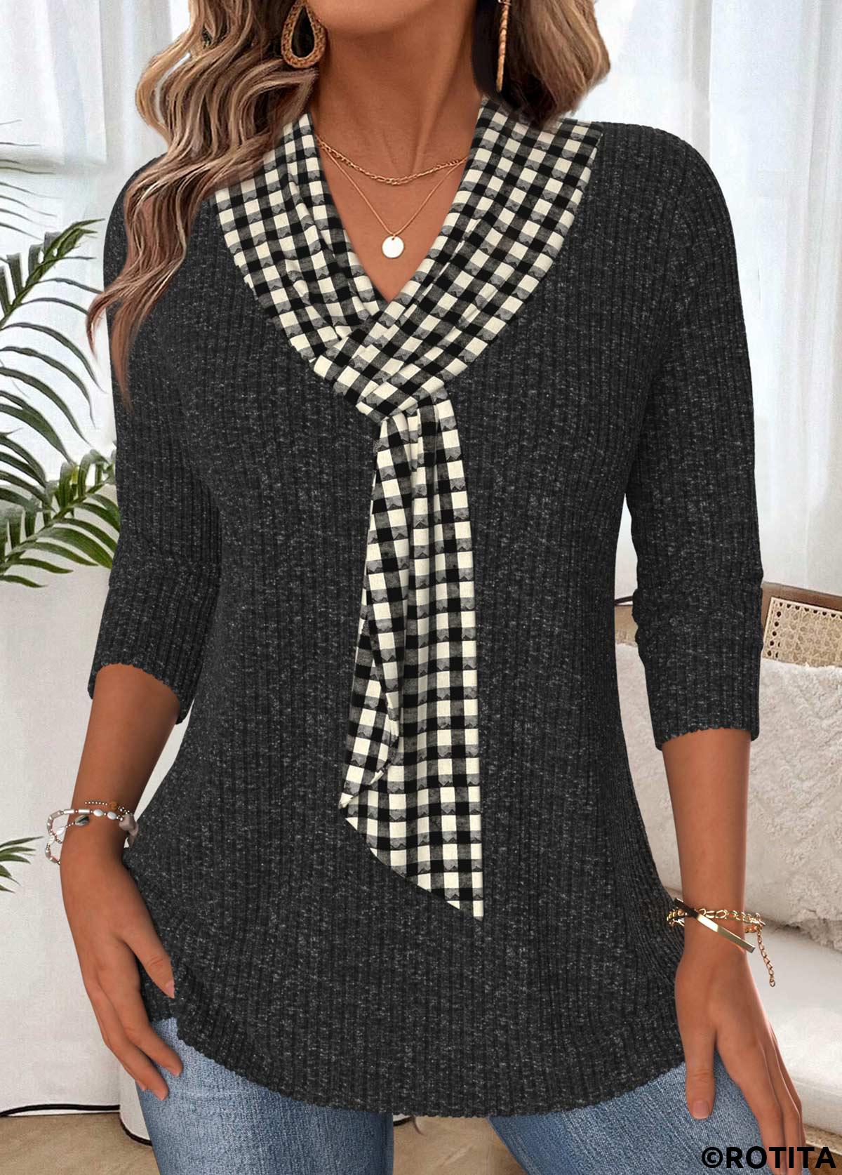 Black tops,Plaid tops,Geometric tops,ROTITA Tummy Coverage Plaid Black V Neck T Shirt