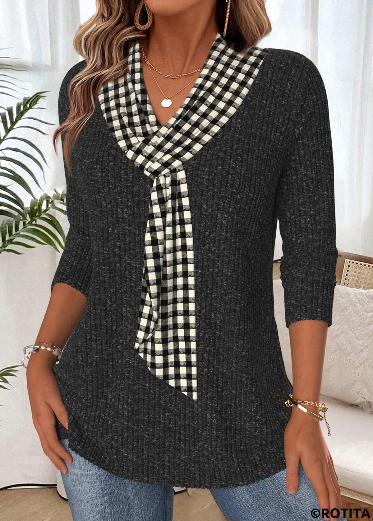 Black tops,Plaid tops,Geometric tops,ROTITA Tummy Coverage Plaid Black V Neck T Shirt