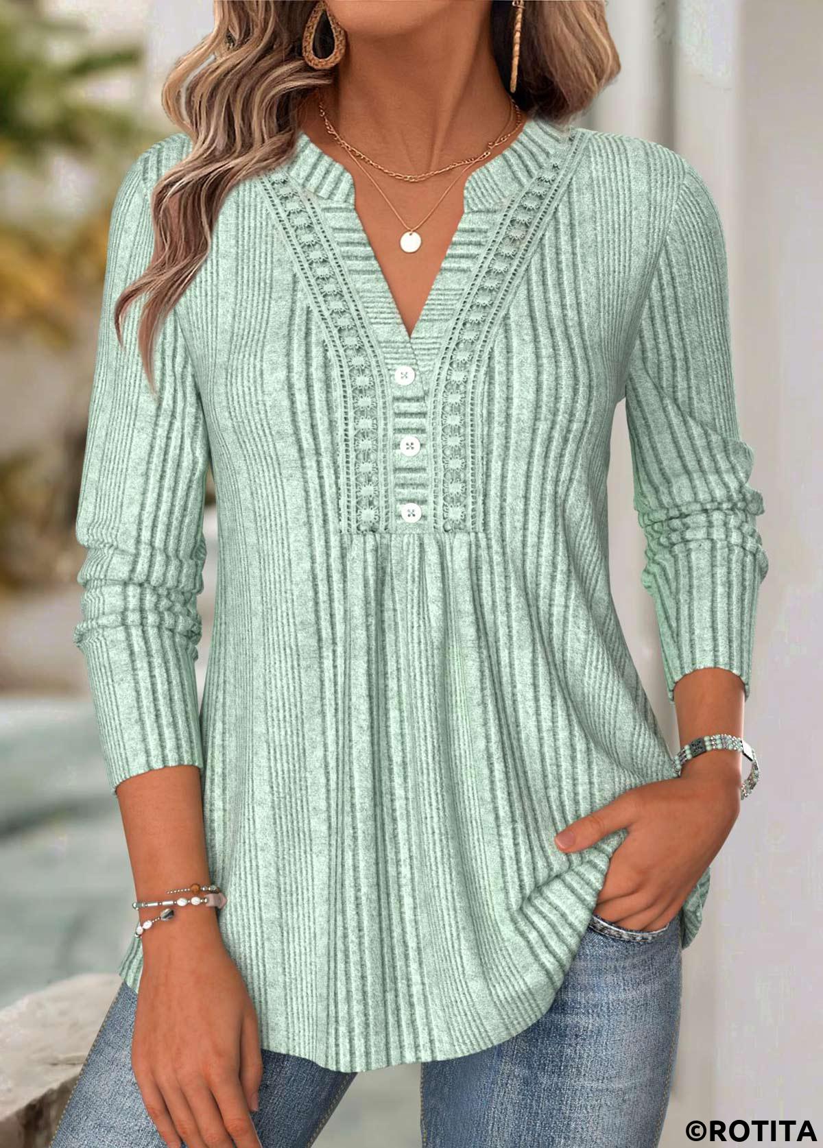 Sage Green tops,Plain Color tops,ROTITA Tummy Coverage Sage Green Split Neck T Shirt