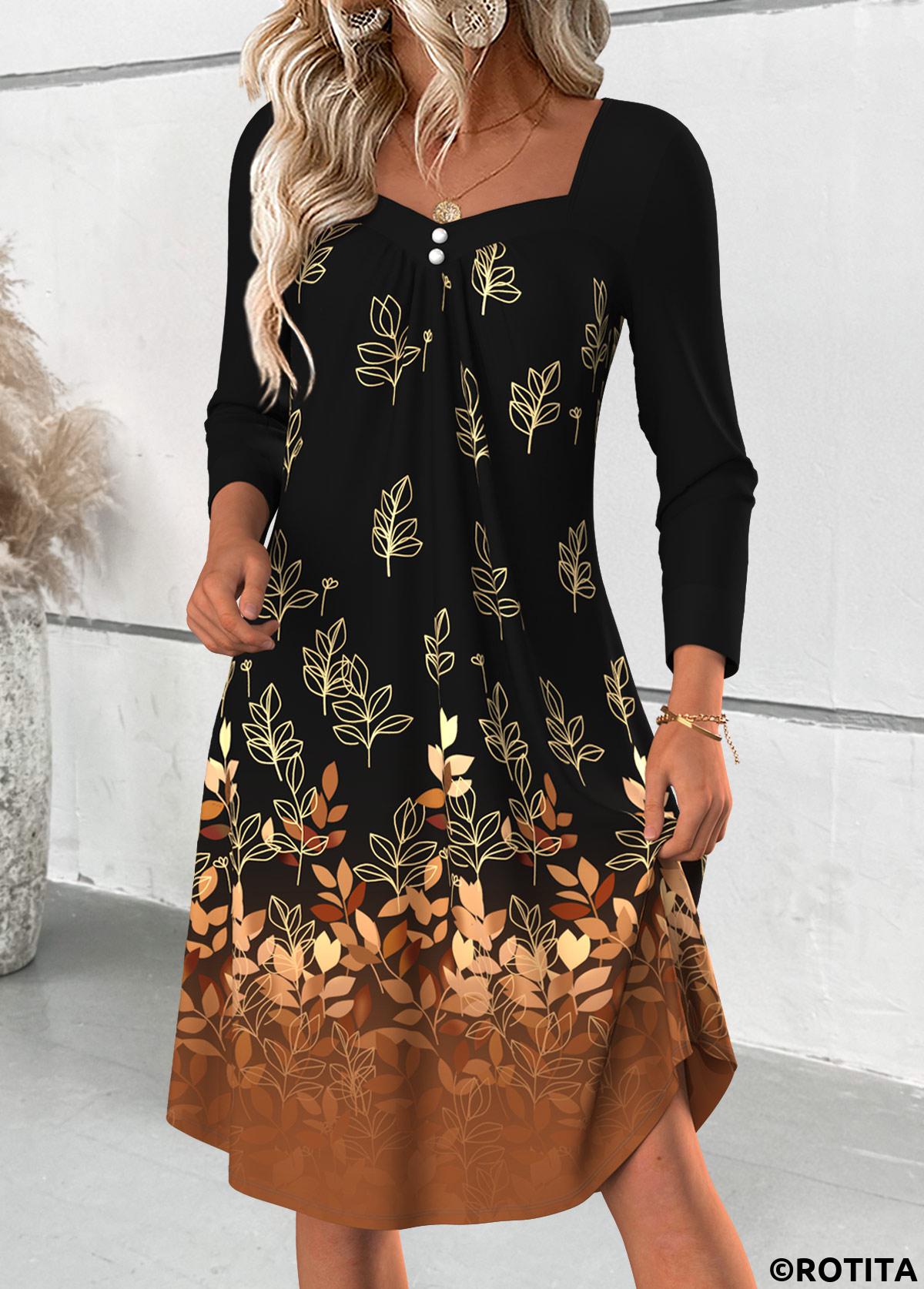 Black dresses,Plants dresses,Ombre dresses,Everyday dresses,Casual dresses,ROTITA Tummy Coverage Leaf Print Black Heart Collar Dress
