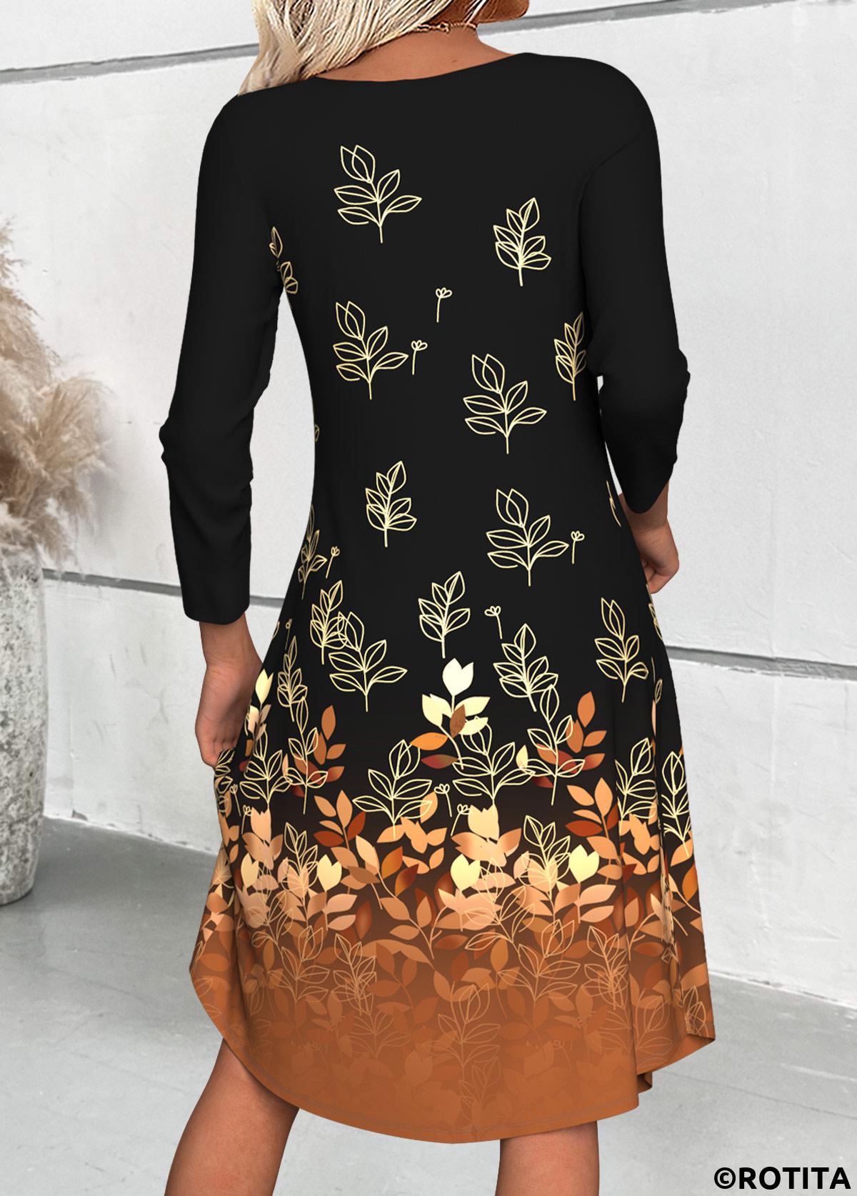 Black dresses,Plants dresses,Ombre dresses,Everyday dresses,Casual dresses,ROTITA Tummy Coverage Leaf Print Black Heart Collar Dress