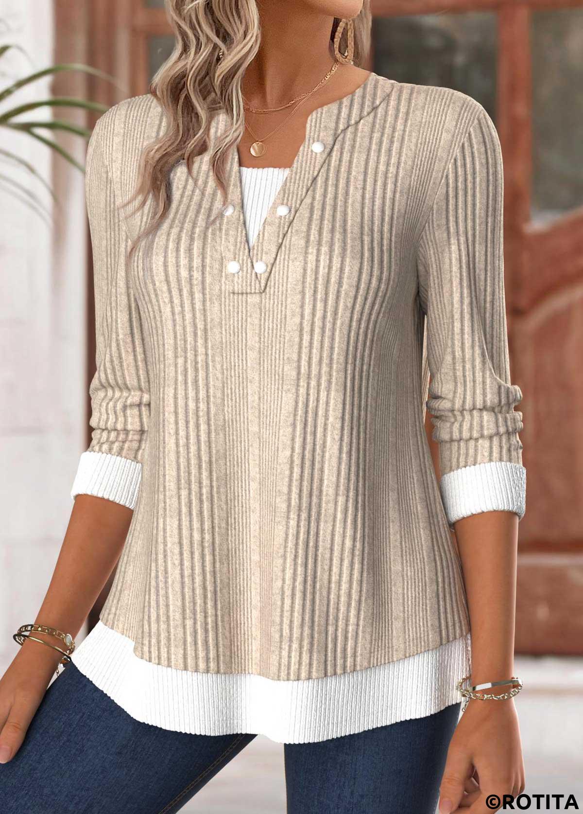 Light Camel tops,Contrast Color tops,ROTITA Tummy Coverage Light Camel Split Neck T Shirt