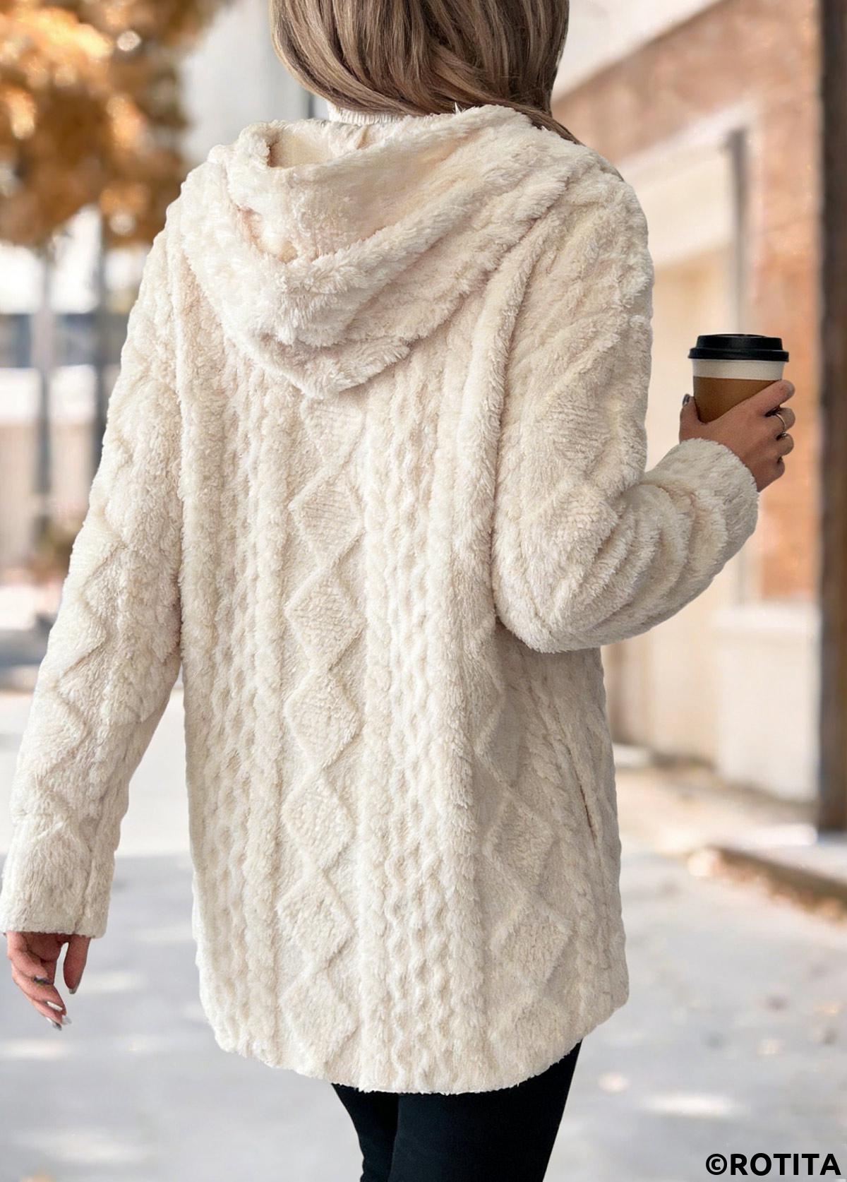 Beige plus size,Plain Color plus size,ROTITA Plus Size Tummy Coverage Beige Hooded Long Sleeve Coat