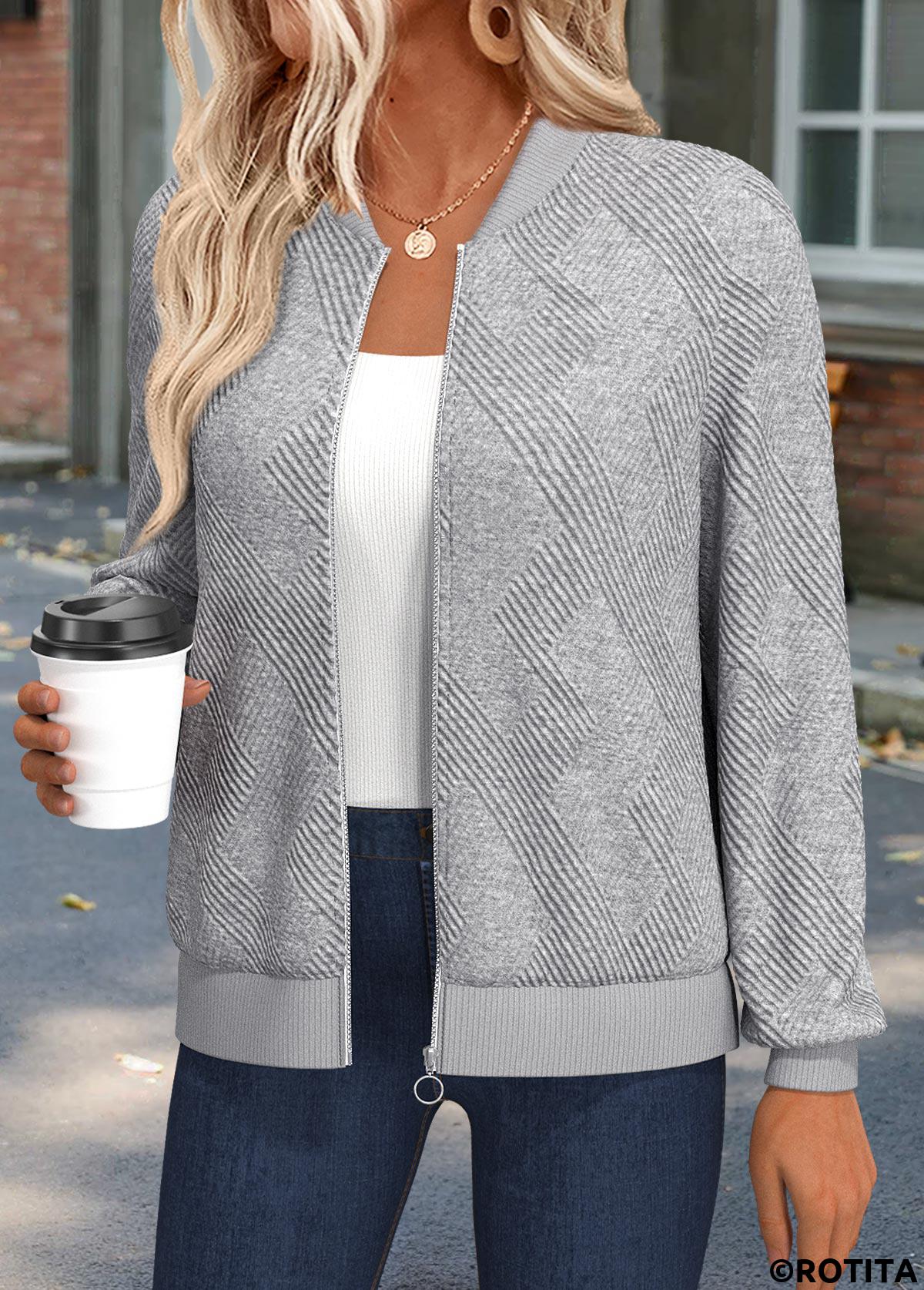Light Grey Marl tops,Plain Color tops,ROTITA Tummy Coverage Light Grey Marl Stand Collar Track Jacket