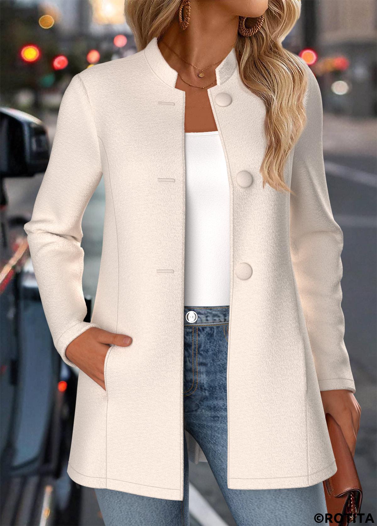 Beige tops,Plain Color tops,ROTITA Tummy Coverage Beige Stand Collar Long Sleeve Coat