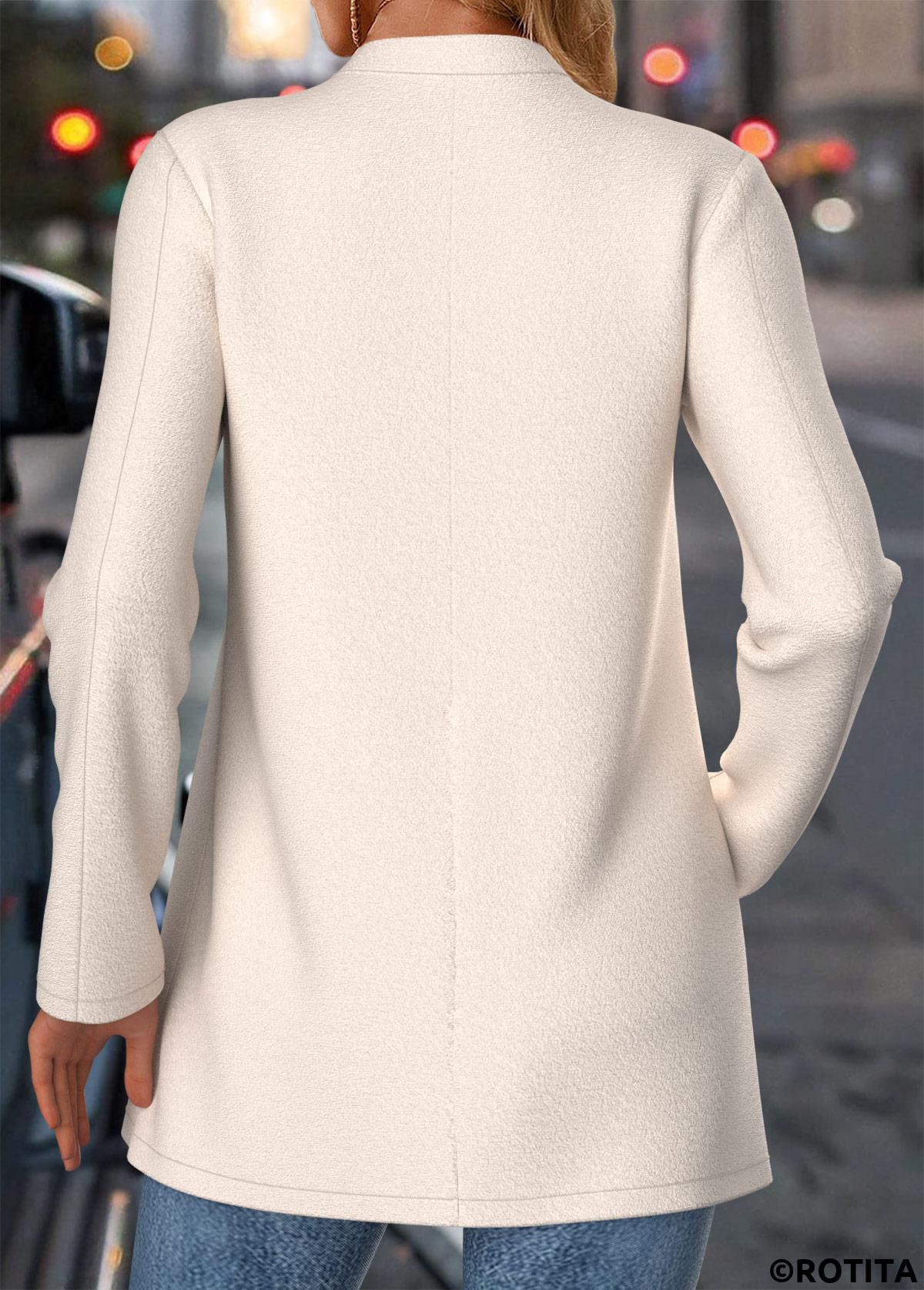 Beige tops,Plain Color tops,ROTITA Tummy Coverage Beige Stand Collar Long Sleeve Coat