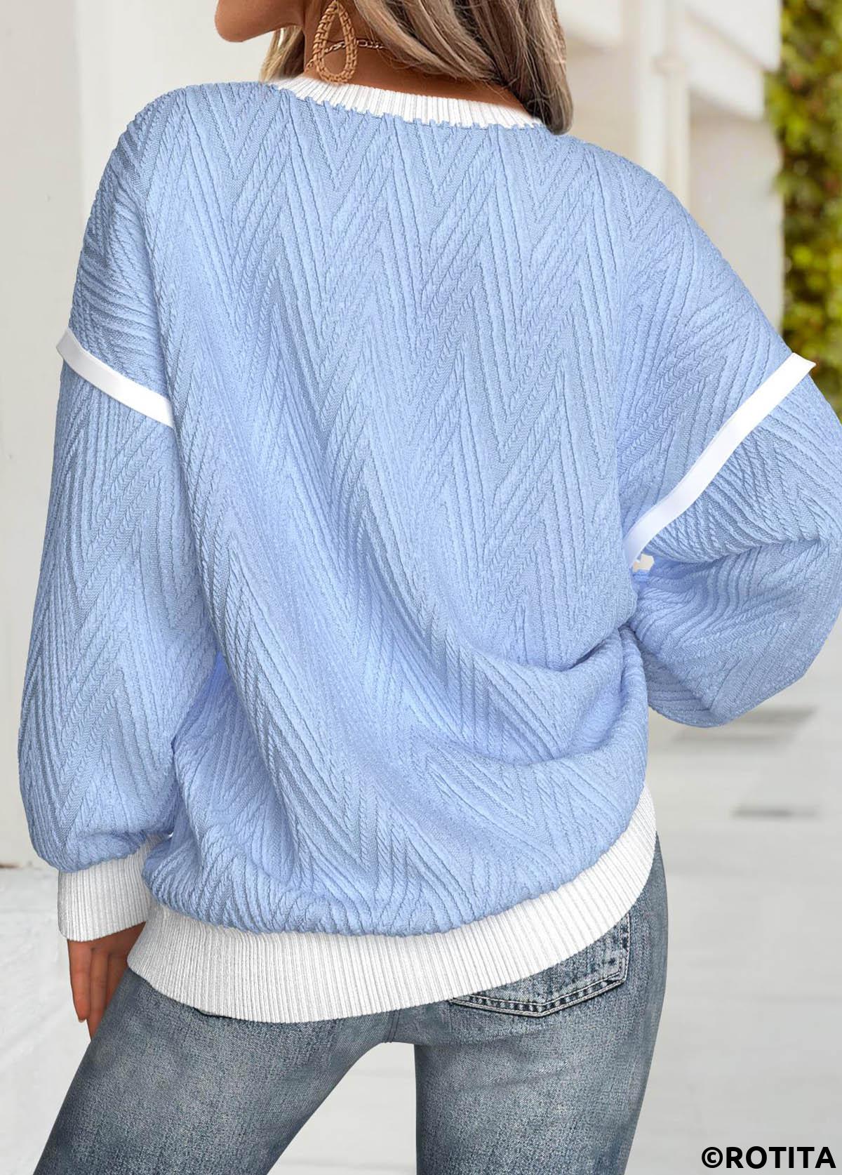 Light Blue tops,Contrast Color tops,ROTITA Tummy Coverage Light Blue Round Neck Long Sleeve Sweatshirt