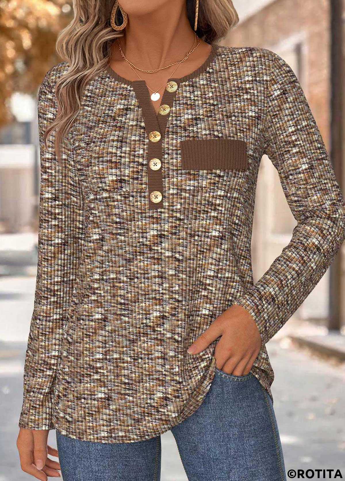 Dark Coffee tops,Plain Color tops,ROTITA Tummy Coverage Dark Coffee Split Neck T Shirt
