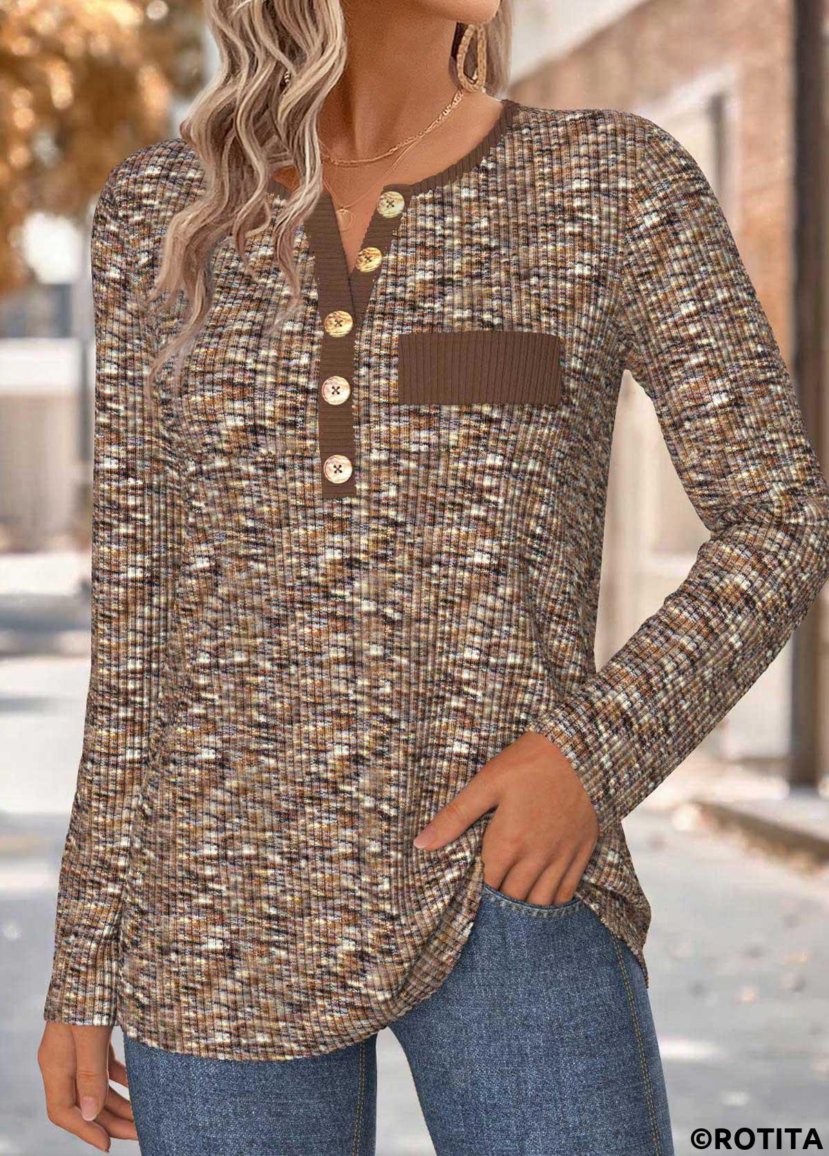 Dark Coffee tops,Plain Color tops,ROTITA Tummy Coverage Dark Coffee Split Neck T Shirt