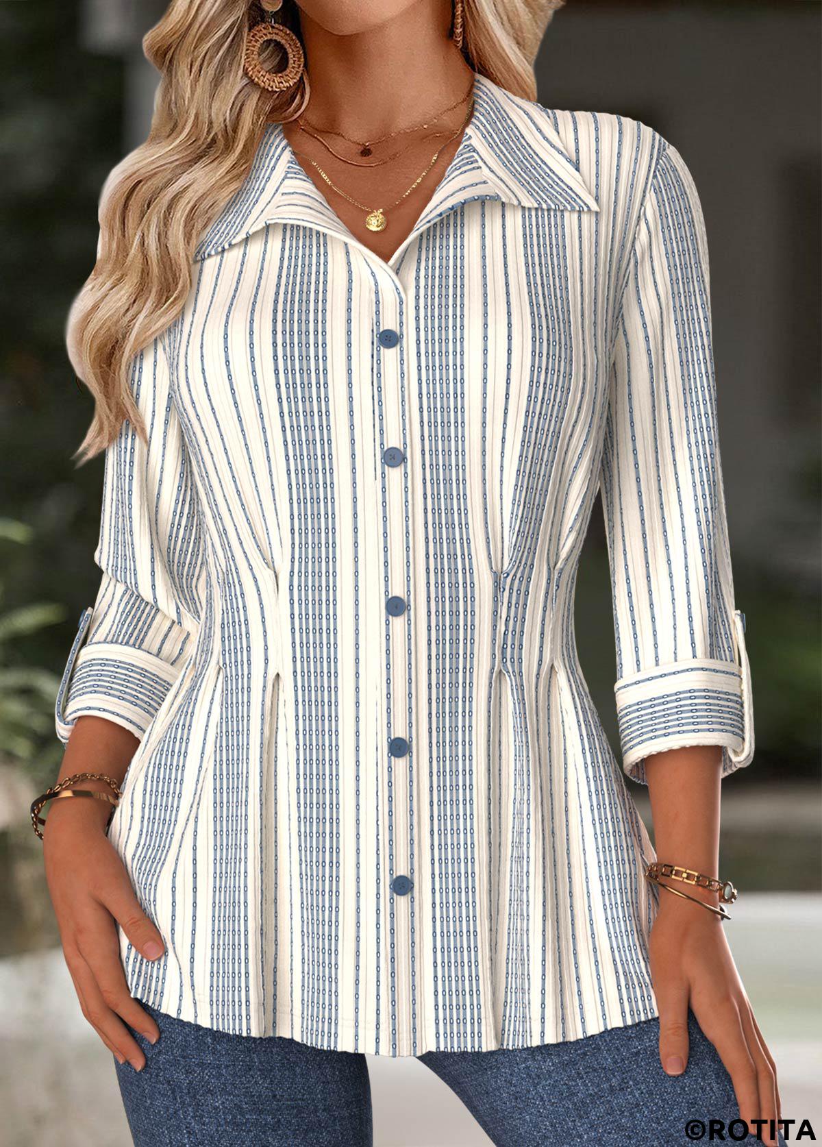 Beige tops,Striped tops,Geometric tops,ROTITA Tummy Control Striped Beige Turn Down Collar Blouse