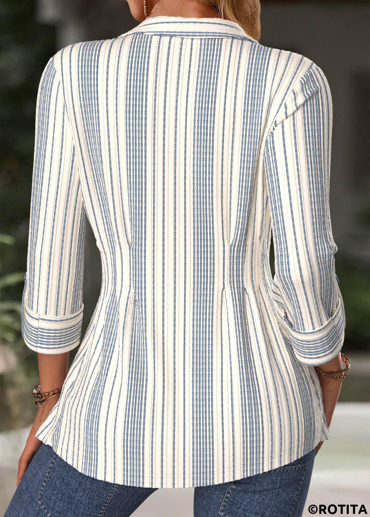 Beige tops,Striped tops,Geometric tops,ROTITA Tummy Control Striped Beige Turn Down Collar Blouse
