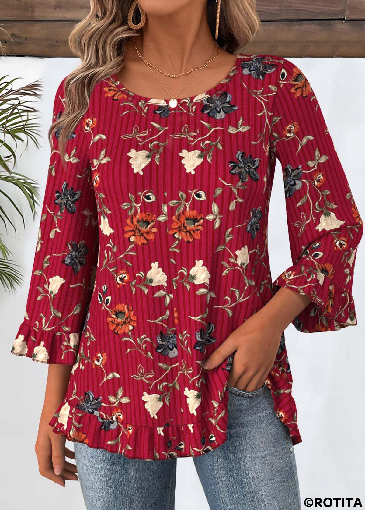 Wine Red tops,Floral tops,Plants tops,ROTITA Tummy Coverage Floral Print Wine Red T Shirt