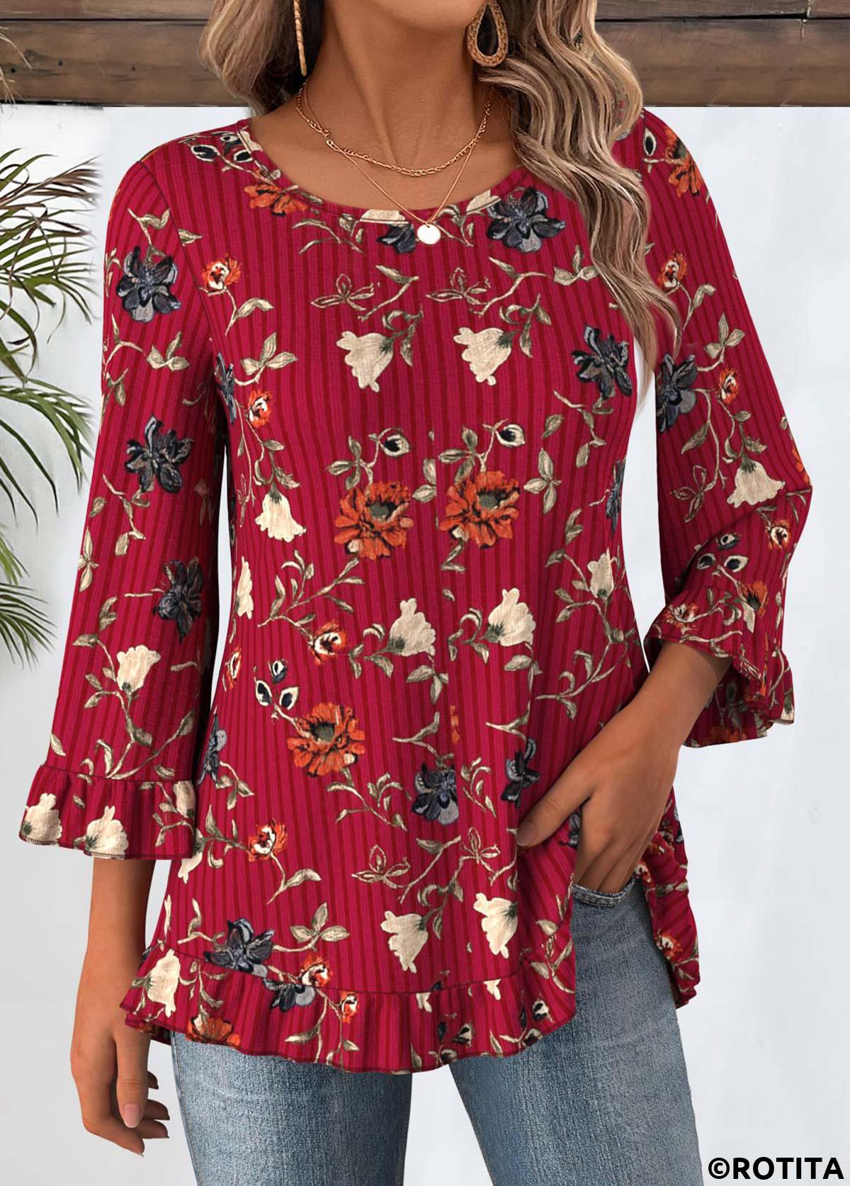 Wine Red tops,Floral tops,Plants tops,ROTITA Tummy Coverage Floral Print Wine Red T Shirt