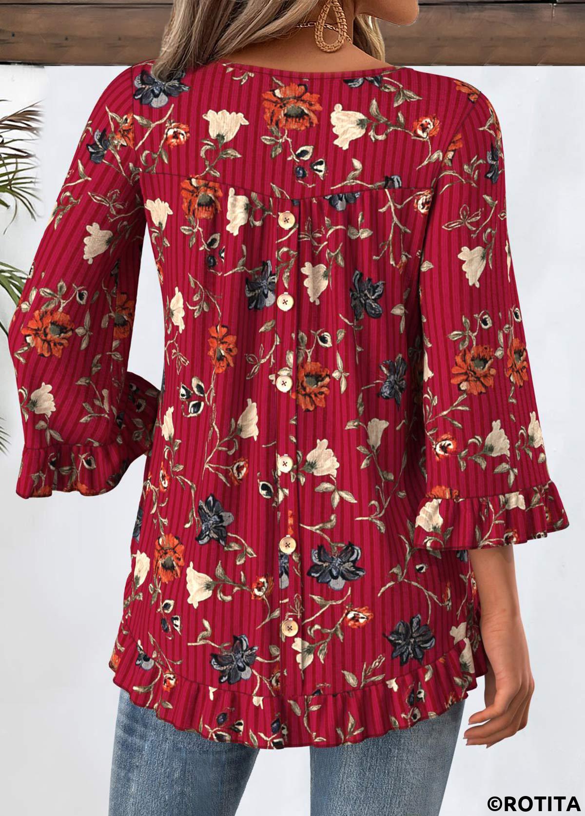 Wine Red tops,Floral tops,Plants tops,ROTITA Tummy Coverage Floral Print Wine Red T Shirt