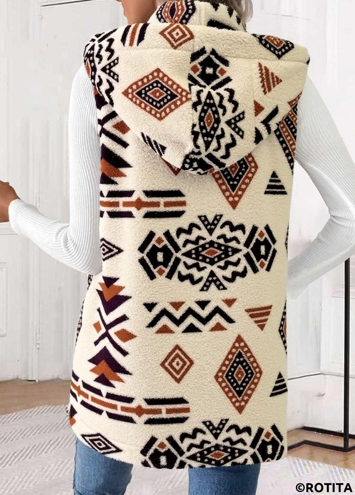 Beige tops,Tribal tops,ROTITA Patchwork Tribal Print Beige Sleeveless Waistcoat