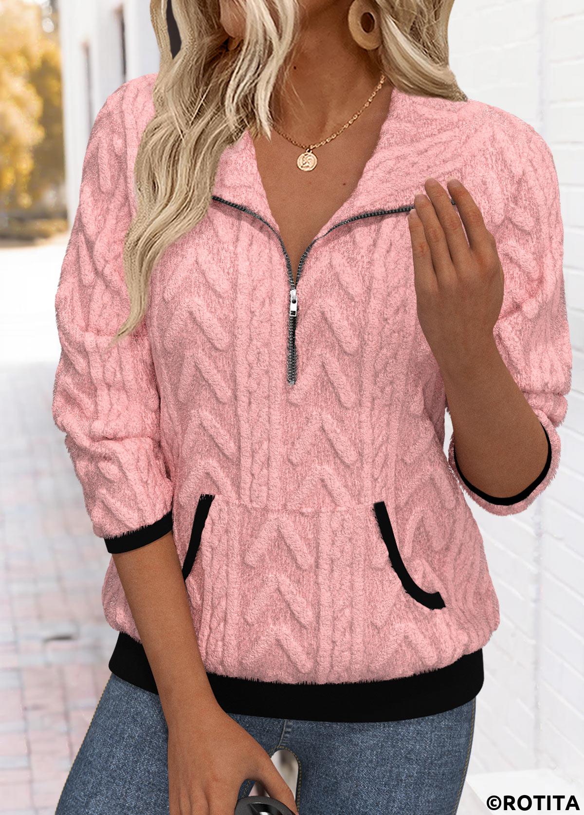 Pink tops,Plain Color tops,ROTITA Tummy Coverage Pink Turn Down Collar Long Sleeve Sweatshirt