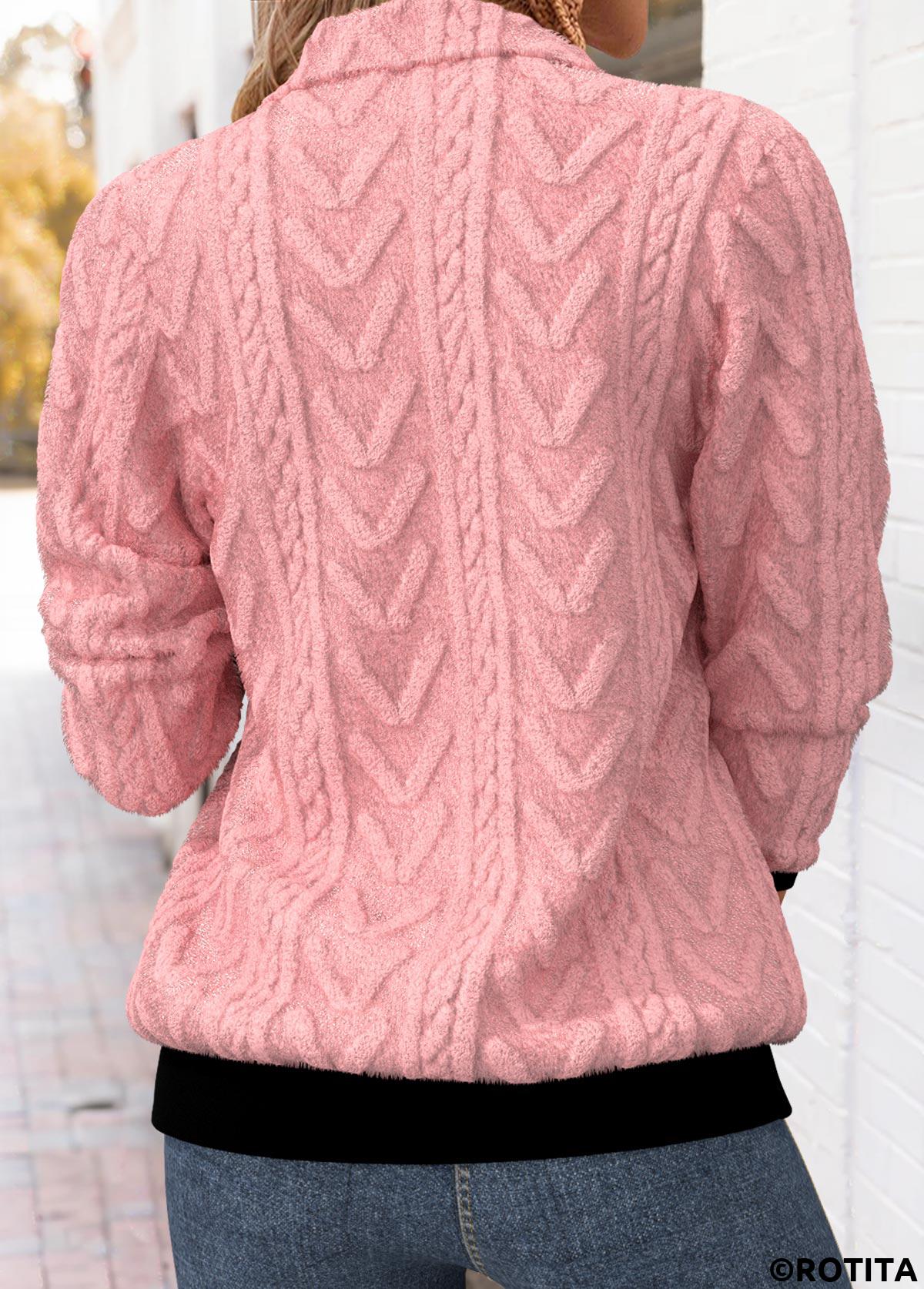 Pink tops,Plain Color tops,ROTITA Tummy Coverage Pink Turn Down Collar Long Sleeve Sweatshirt