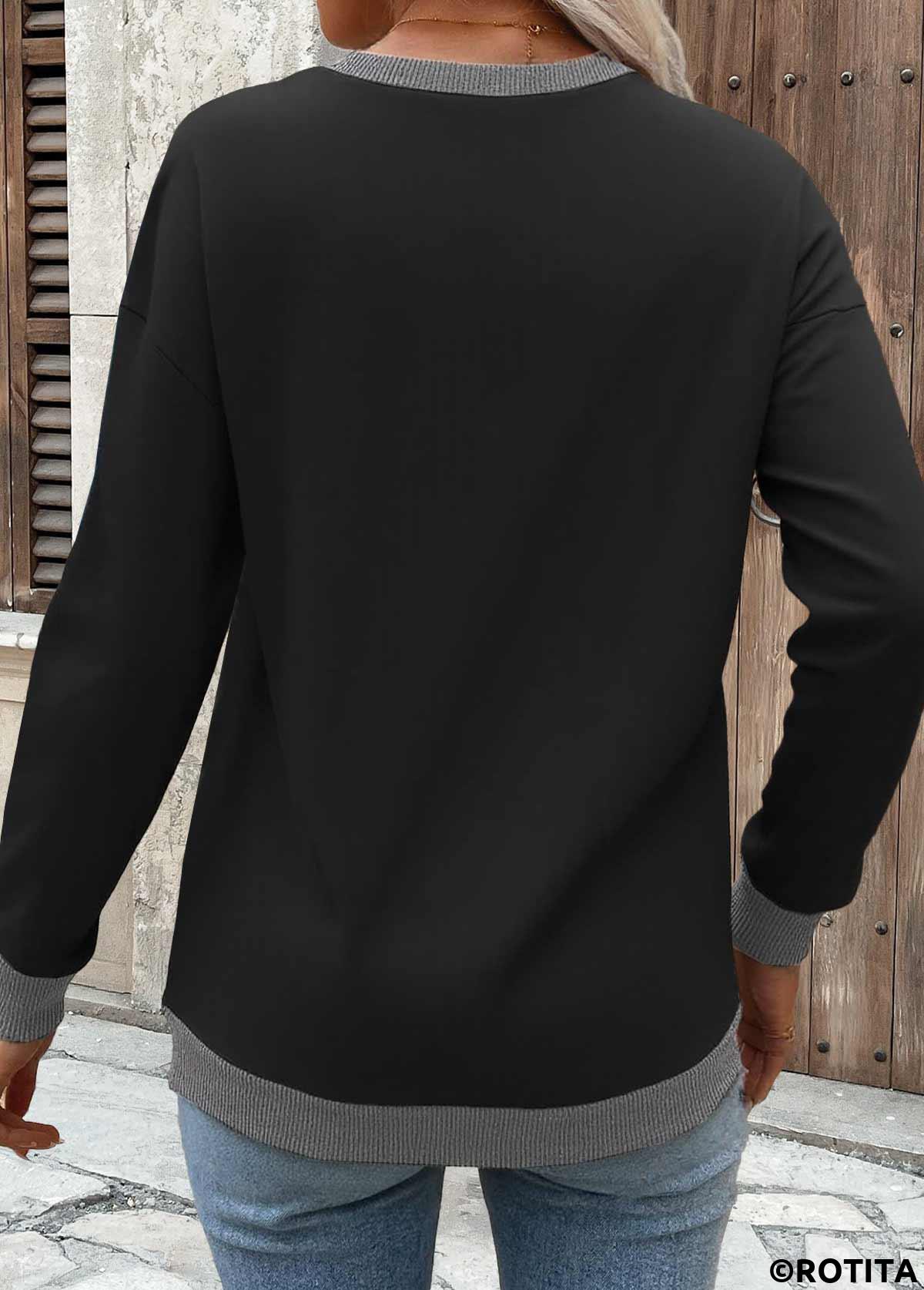 Black tops,Contrast Color tops,ROTITA Tummy Coverage Black Round Neck Long Sleeve Sweatshirt