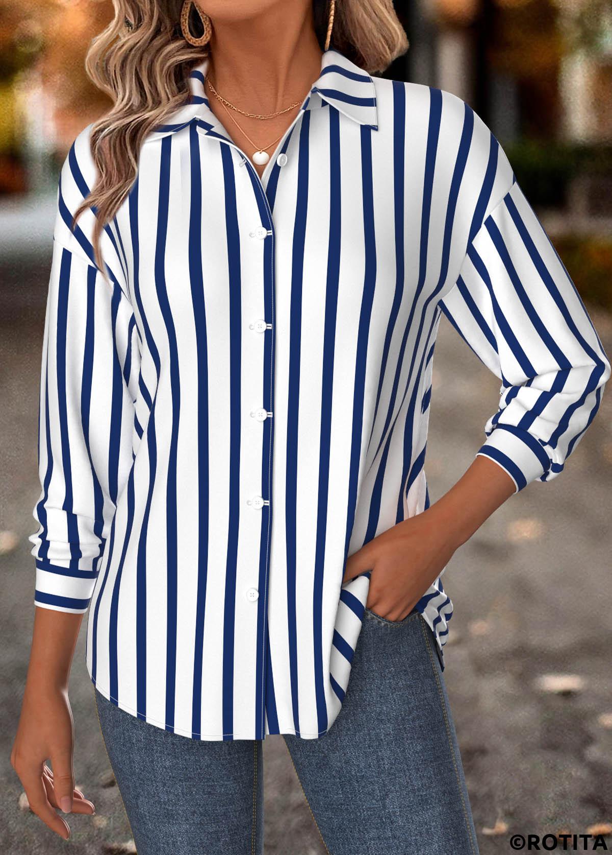 Navy tops,Striped tops,Geometric tops,ROTITA Tummy Coverage Striped Navy Long Sleeve Shirt