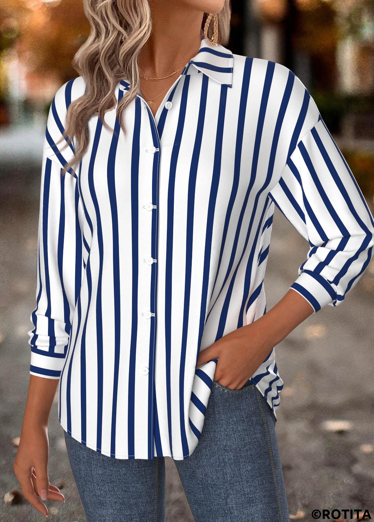 Navy tops,Striped tops,Geometric tops,ROTITA Tummy Coverage Striped Navy Long Sleeve Shirt