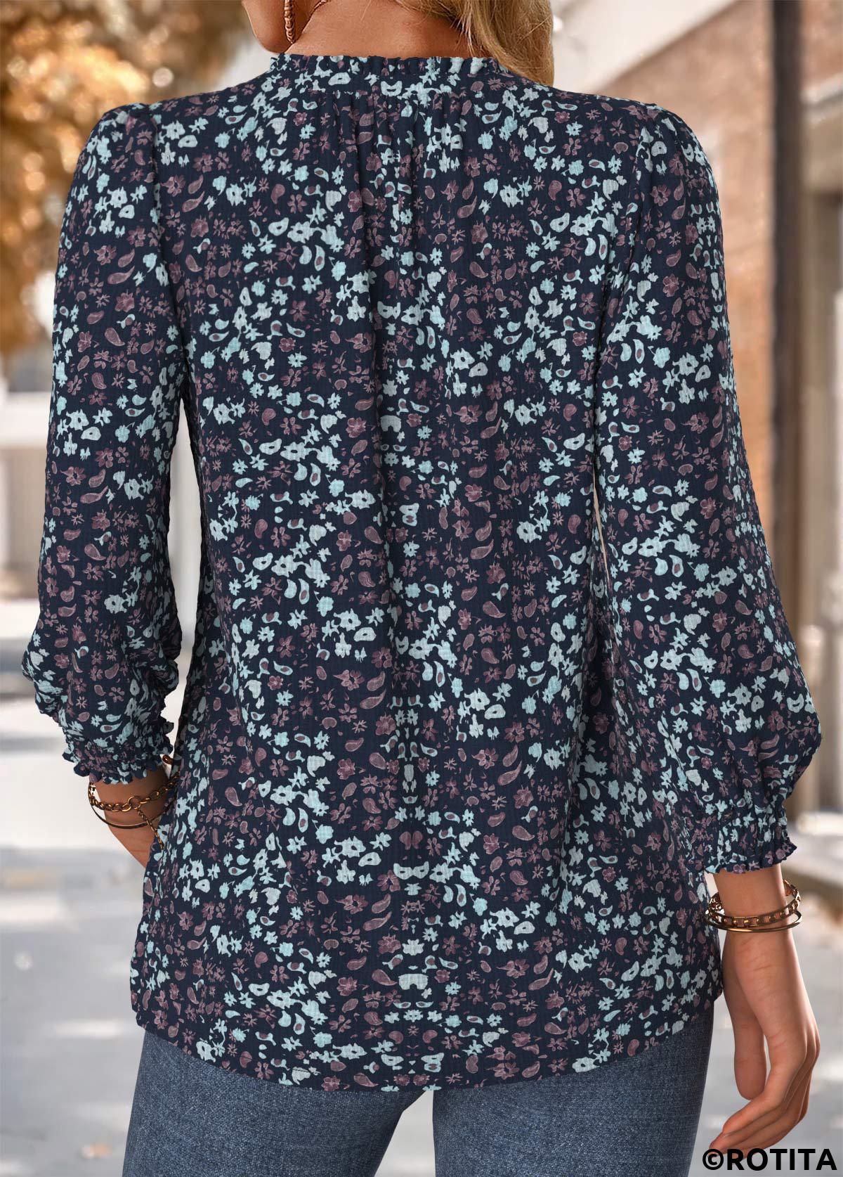 Navy tops,Floral tops,Plants tops,ROTITA Frill Floral Print Navy V Neck Long Sleeve Blouse