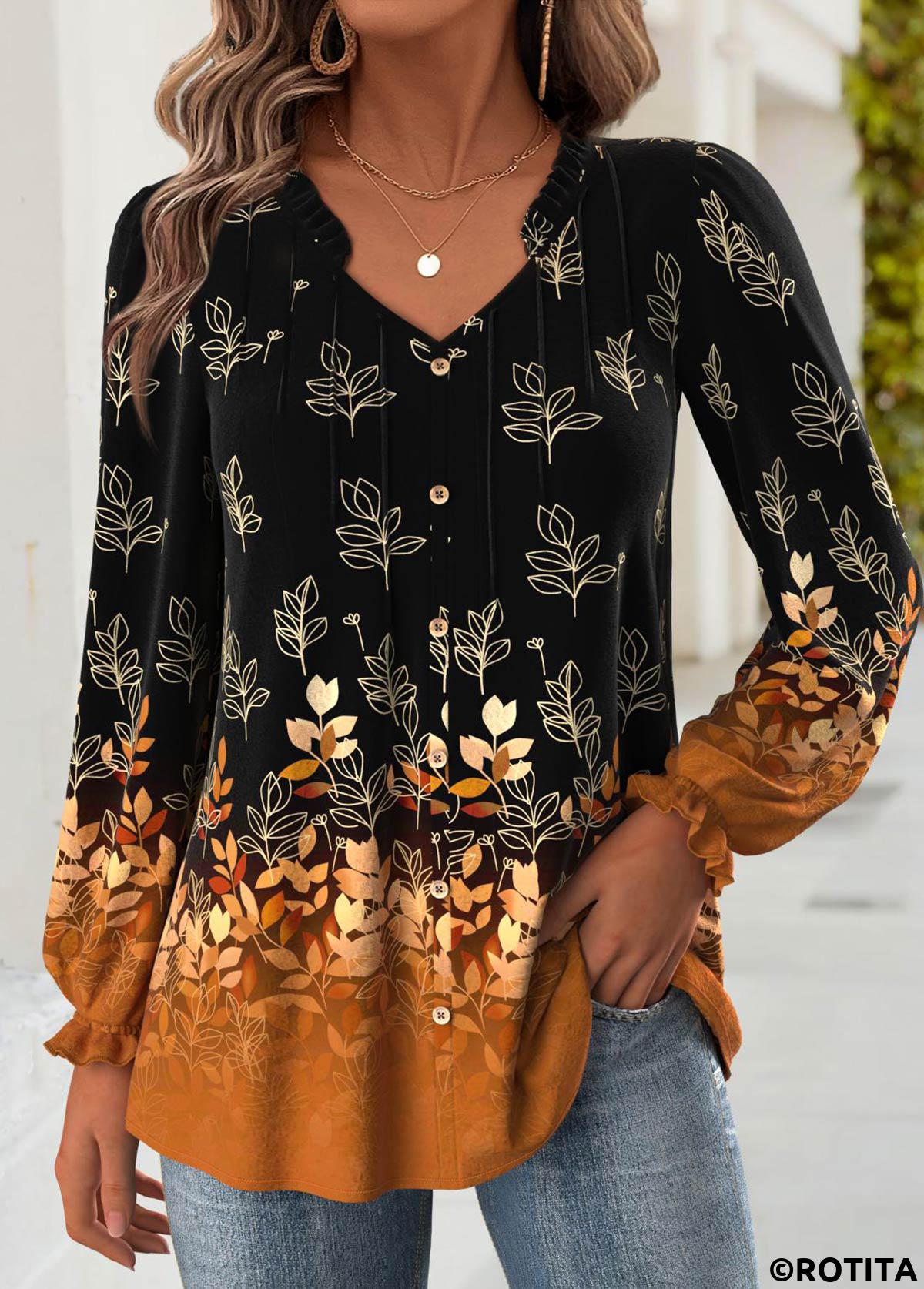 Black tops,Plants tops,ROTITA Tummy Coverage Leaf Print Black V Neck Blouse