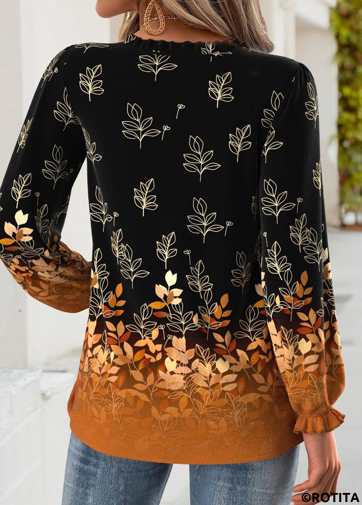 Black tops,Plants tops,ROTITA Tummy Coverage Leaf Print Black V Neck Blouse