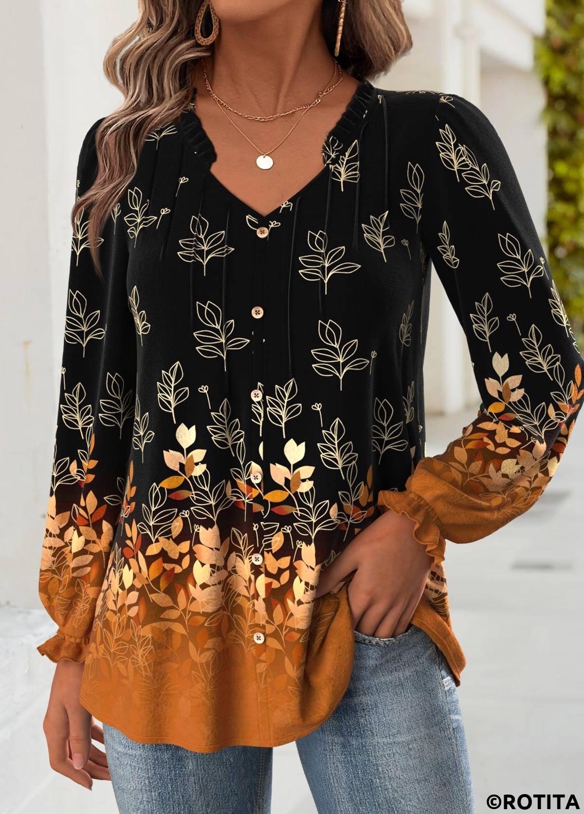 Black tops,Plants tops,ROTITA Tummy Coverage Leaf Print Black V Neck Blouse