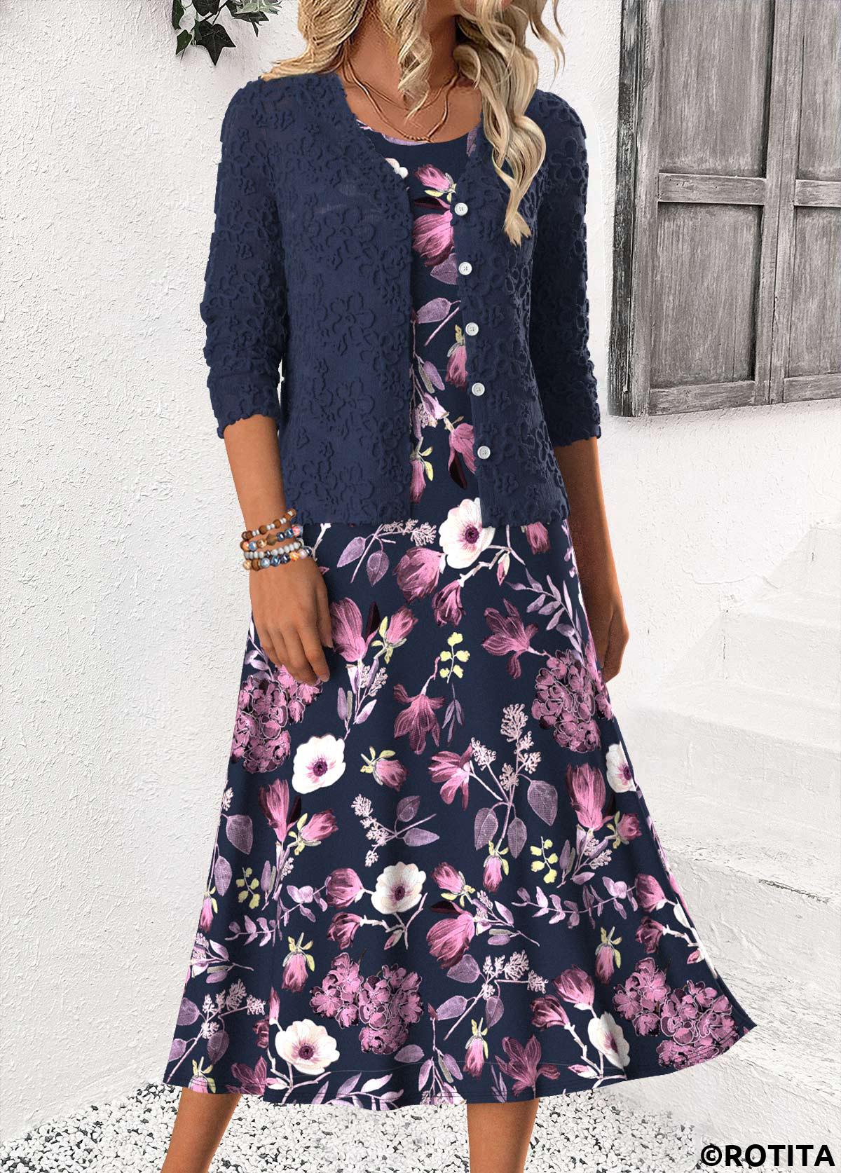 Navy dresses,Floral dresses,Plants dresses,Everyday dresses,Casual dresses,ROTITA Tummy Coverage Floral Print Navy Dress and Cardigan