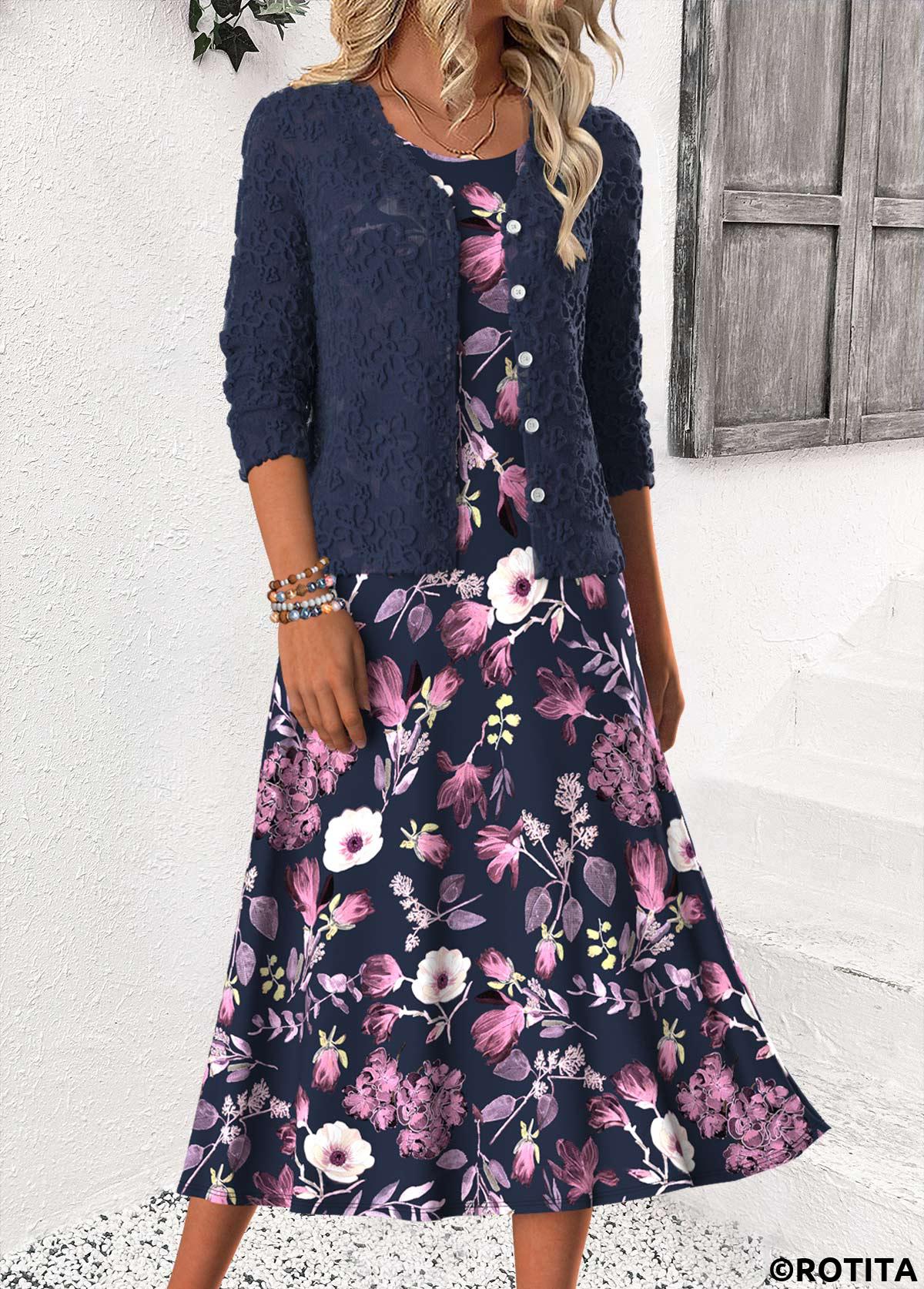 Navy dresses,Floral dresses,Plants dresses,Everyday dresses,Casual dresses,ROTITA Tummy Coverage Floral Print Navy Dress and Cardigan