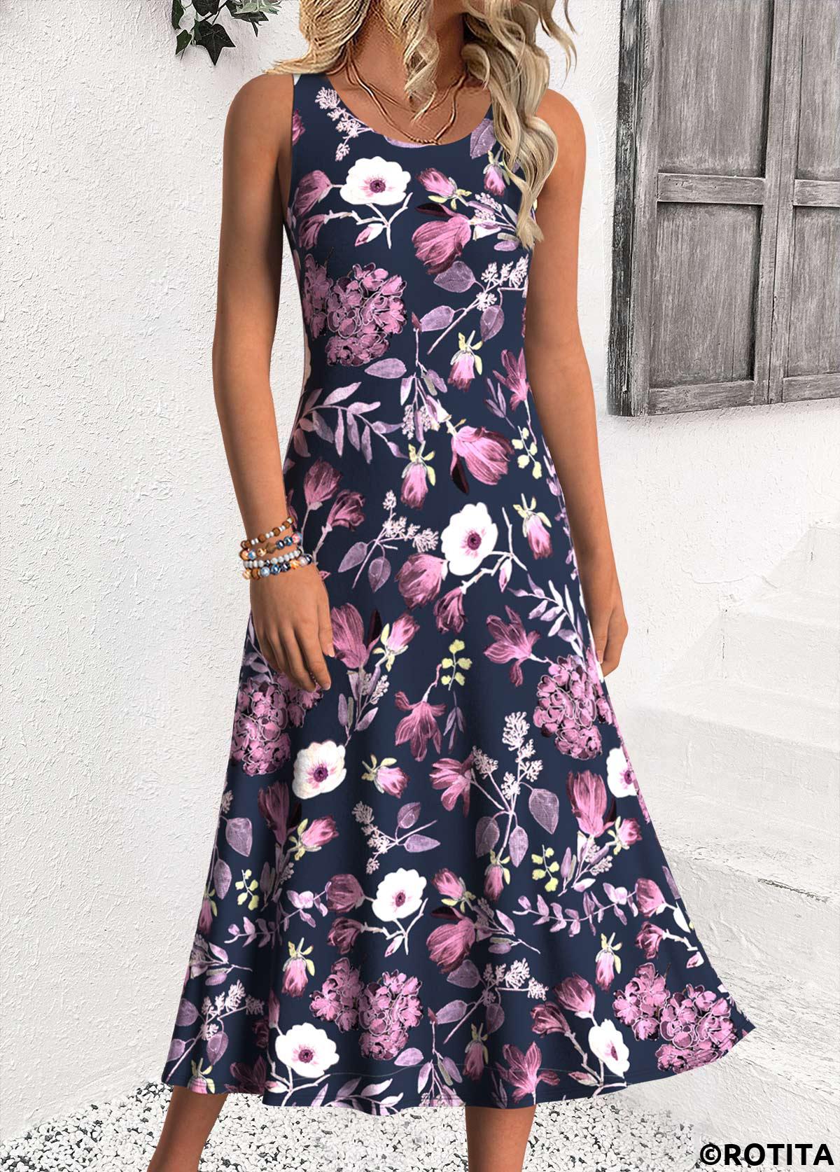 Navy dresses,Floral dresses,Plants dresses,Everyday dresses,Casual dresses,ROTITA Tummy Coverage Floral Print Navy Dress and Cardigan