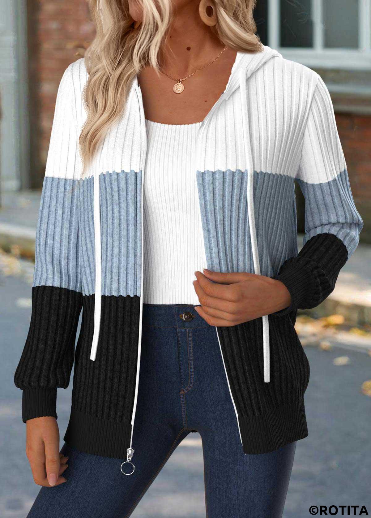 Dusty Blue tops,Contrast Color tops,ROTITA Tummy Coverage Dusty Blue Hooded Long Sleeve T Shirt