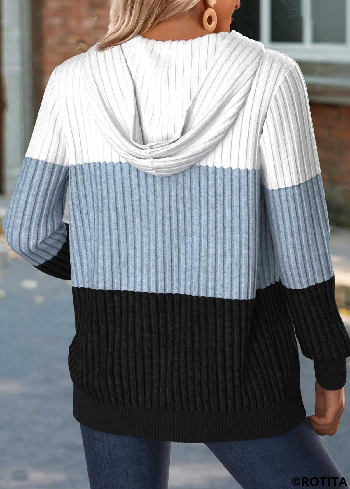 Dusty Blue tops,Contrast Color tops,ROTITA Tummy Coverage Dusty Blue Hooded Long Sleeve T Shirt
