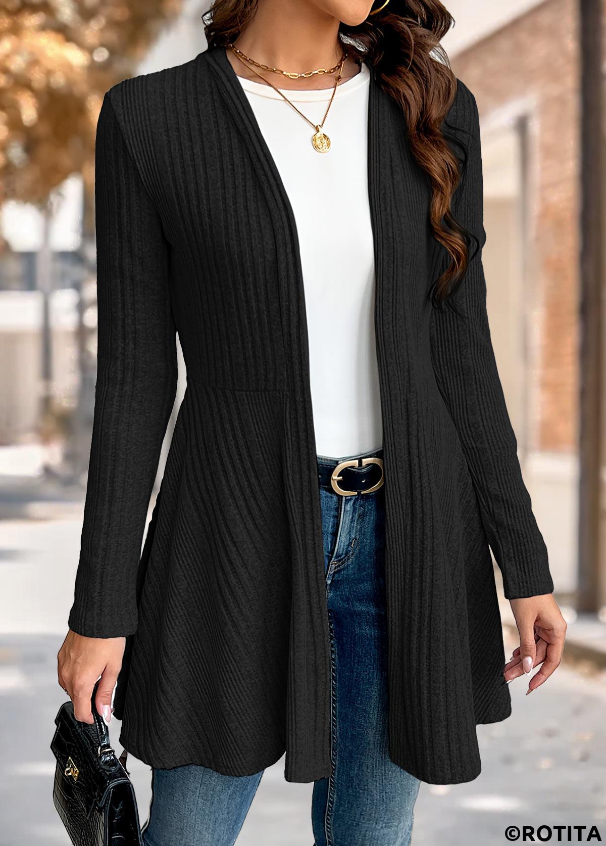 Black tops,Plain Color tops,ROTITA Black Long Sleeve Tunic Light Cardigan