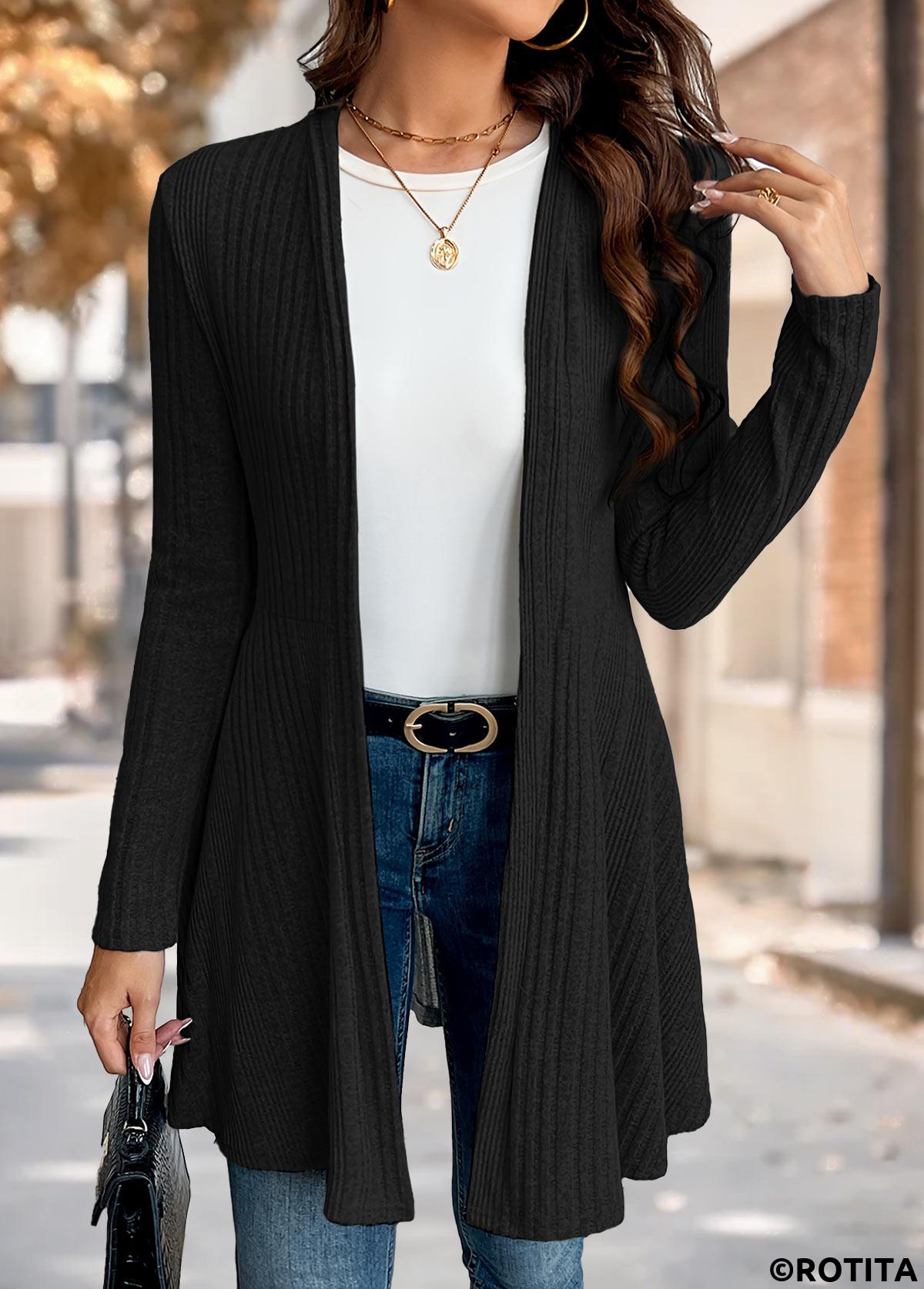 Black tops,Plain Color tops,ROTITA Black Long Sleeve Tunic Light Cardigan