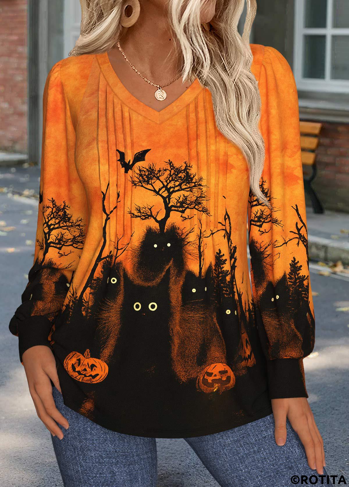 Orange tops,Halloween tops,ROTITA Halloween Tuck Stitch Orange V Neck T Shirt