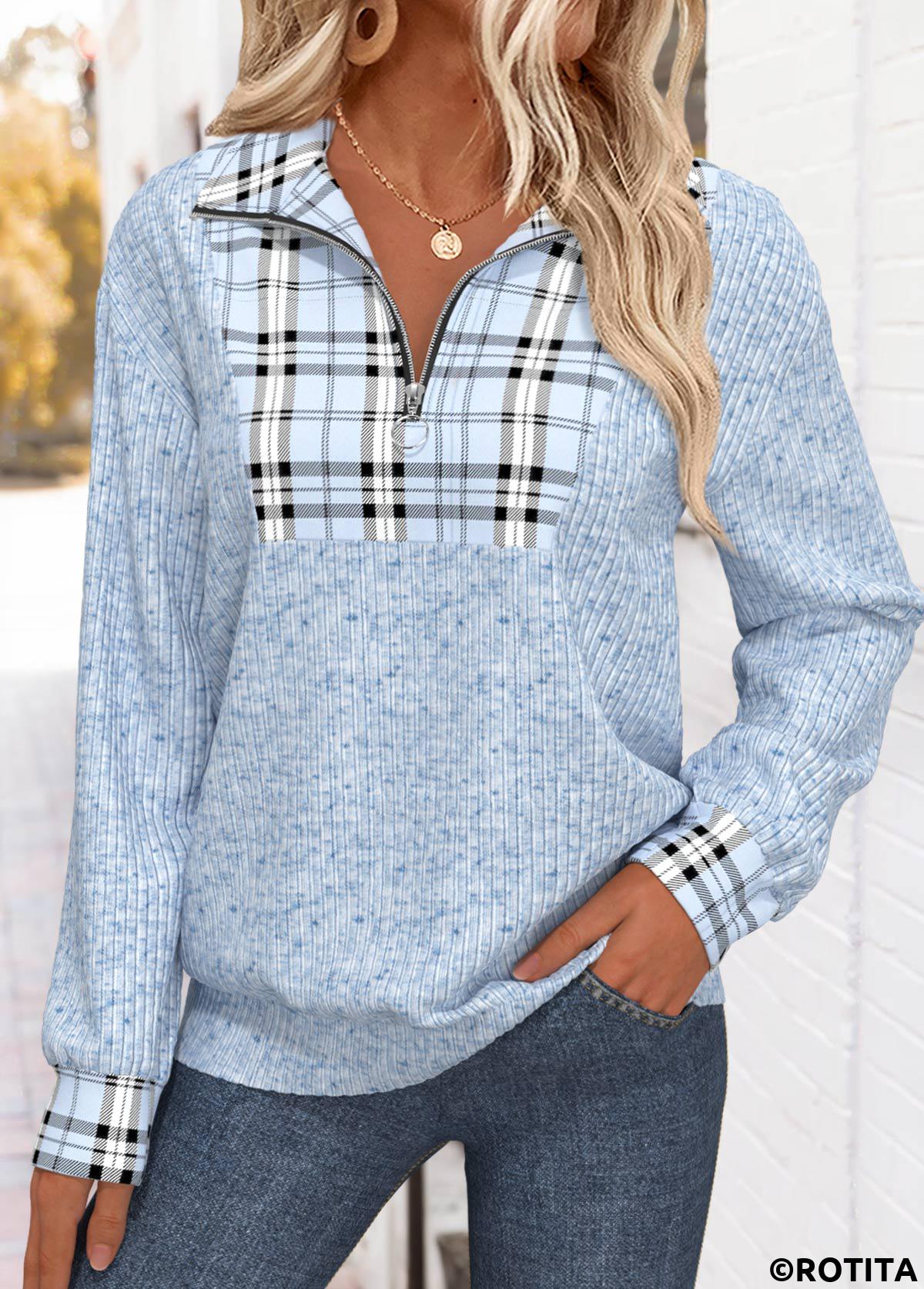 Light Blue plus size,Plaid plus size,Geometric plus size,ROTITA Plus Size Tummy Coverage Light Blue Plaid Sweatshirt