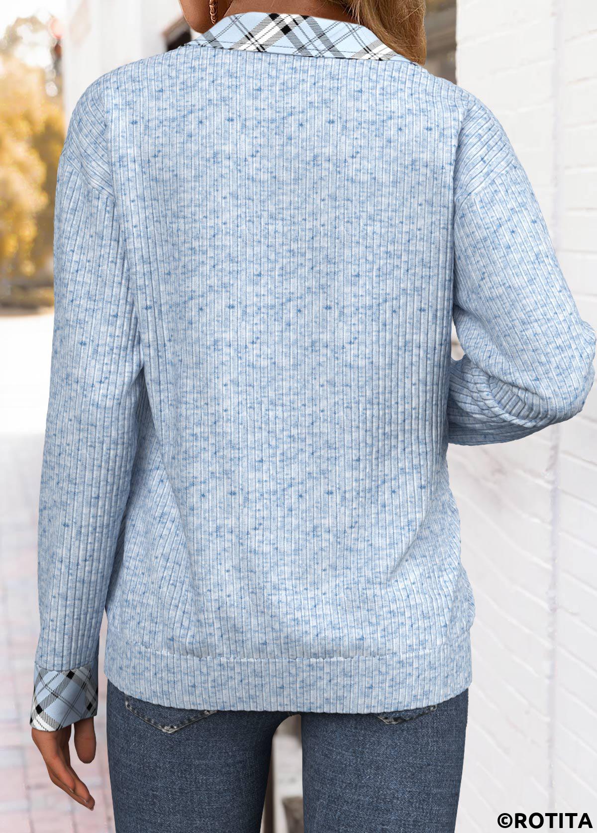 Light Blue plus size,Plaid plus size,Geometric plus size,ROTITA Plus Size Tummy Coverage Light Blue Plaid Sweatshirt