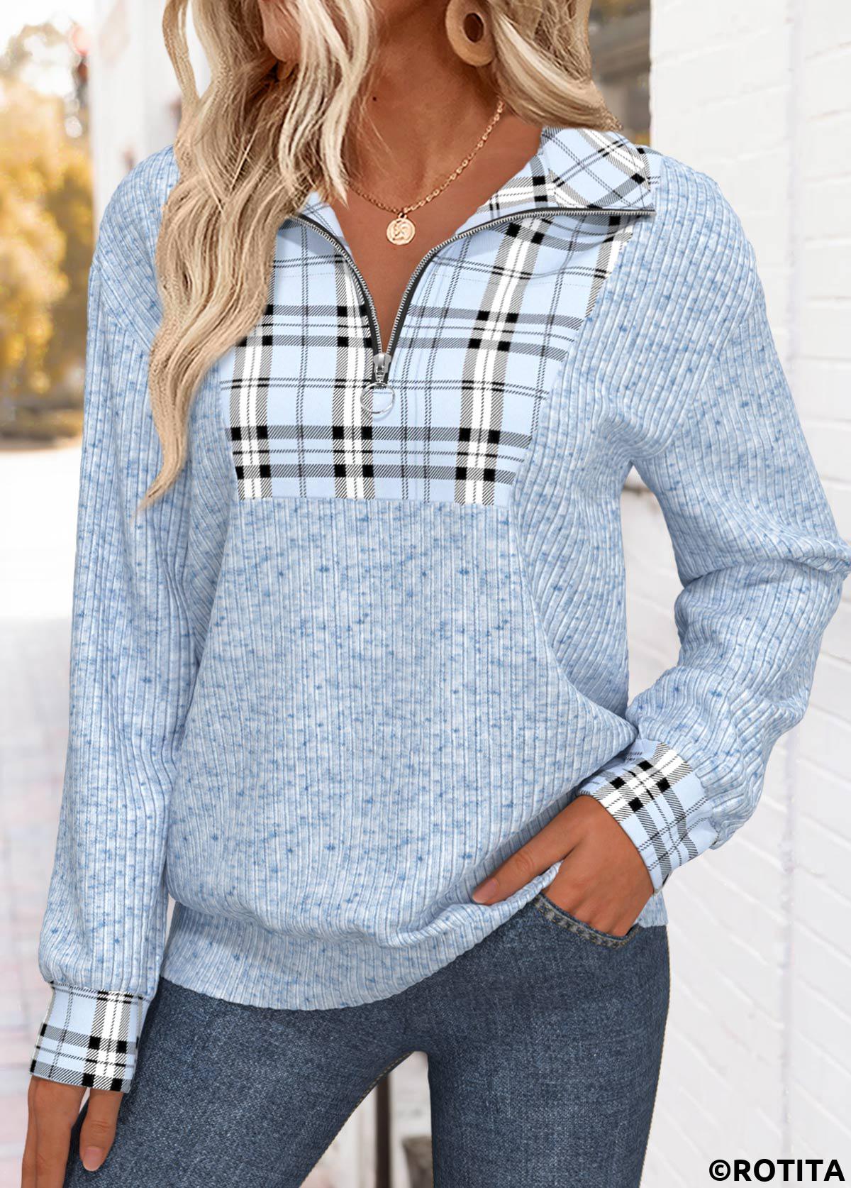 Light Blue plus size,Plaid plus size,Geometric plus size,ROTITA Plus Size Tummy Coverage Light Blue Plaid Sweatshirt