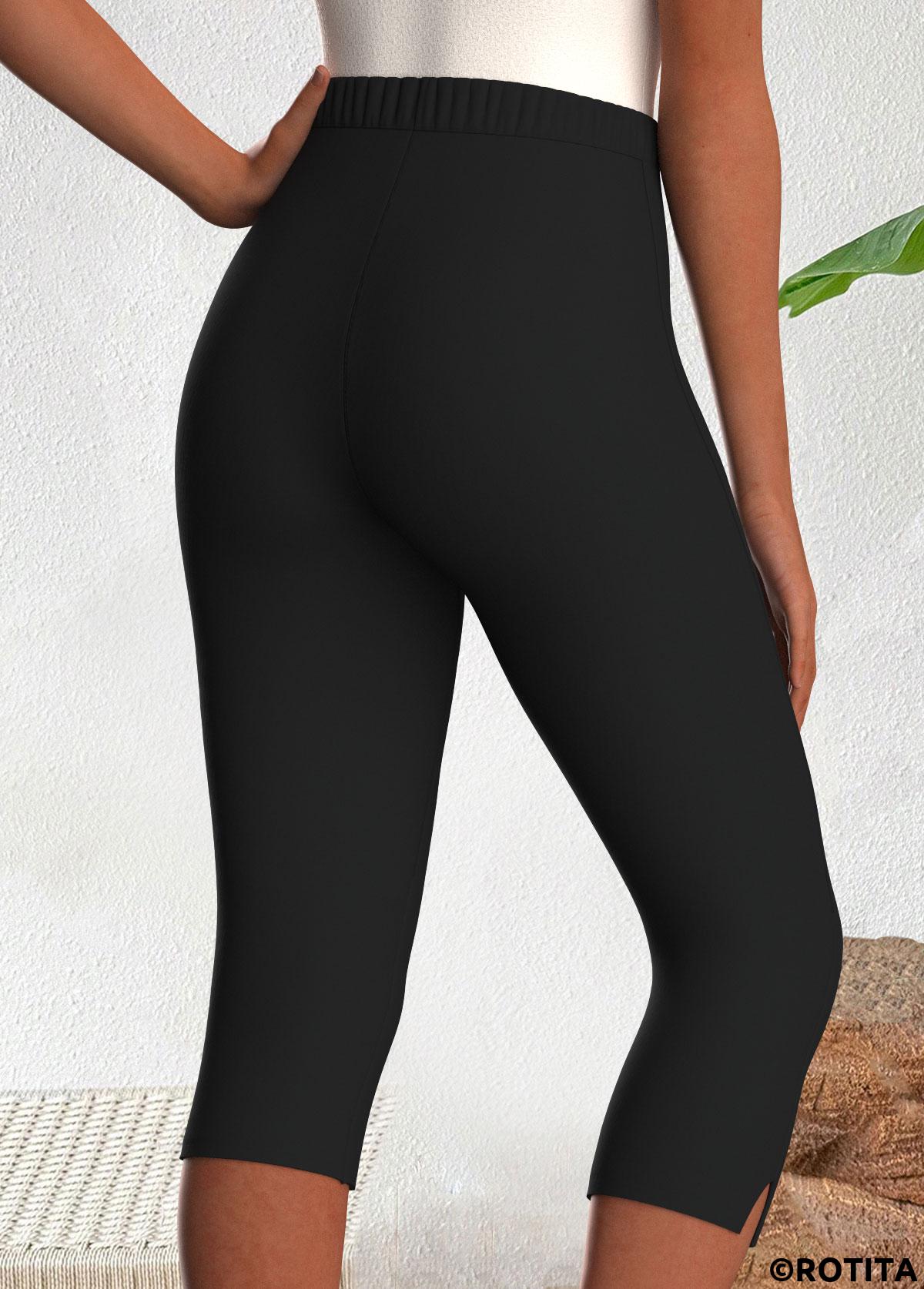 Black bottoms,Plain Color bottoms,ROTITA Black High Waisted Elastic Waist Capri Leggings