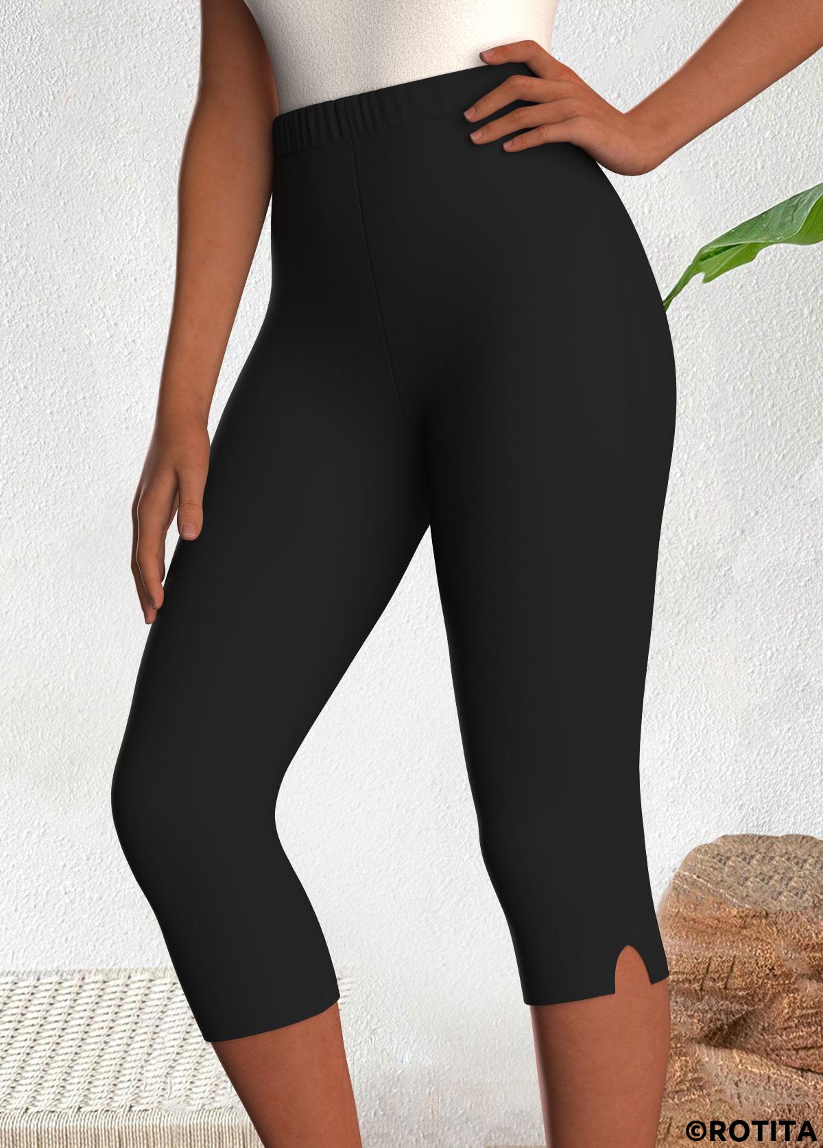 Black bottoms,Plain Color bottoms,ROTITA Black High Waisted Elastic Waist Capri Leggings