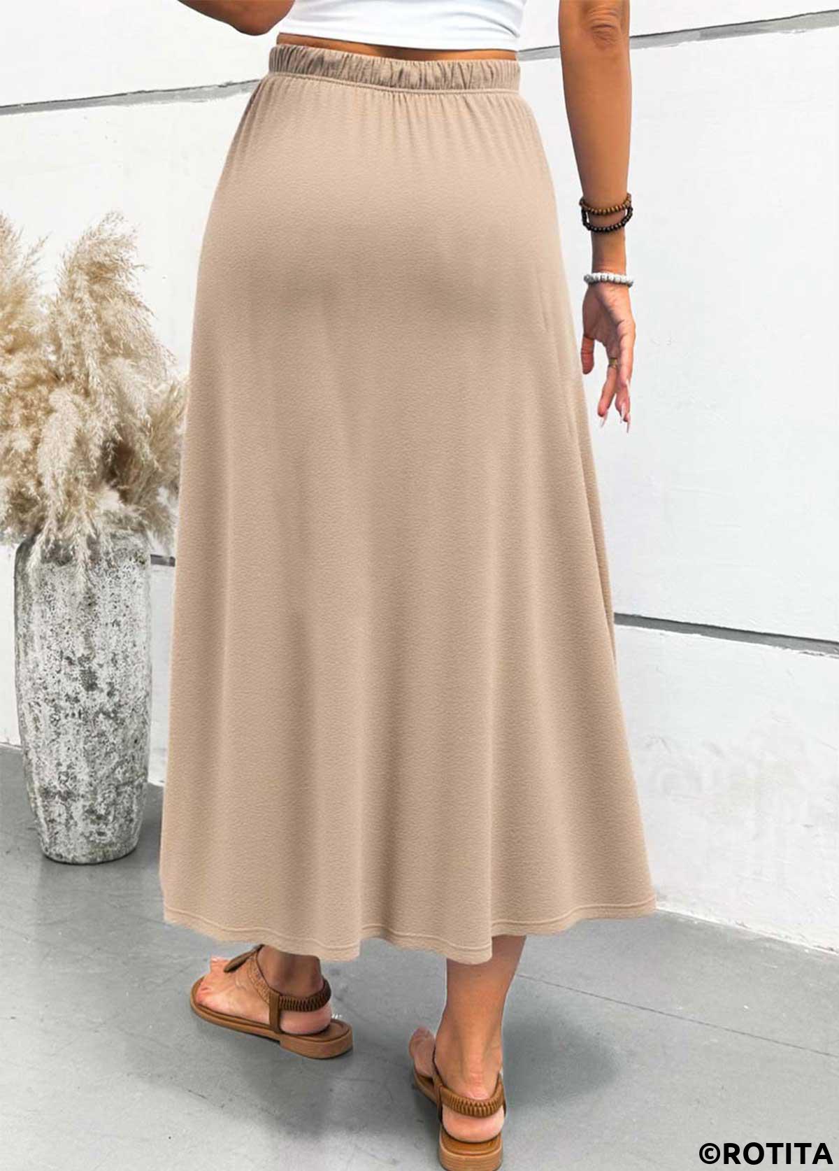Light Camel bottoms,Plain Color bottoms,ROTITA Pocket Light Camel Maxi Elastic Waist A Line Skirt