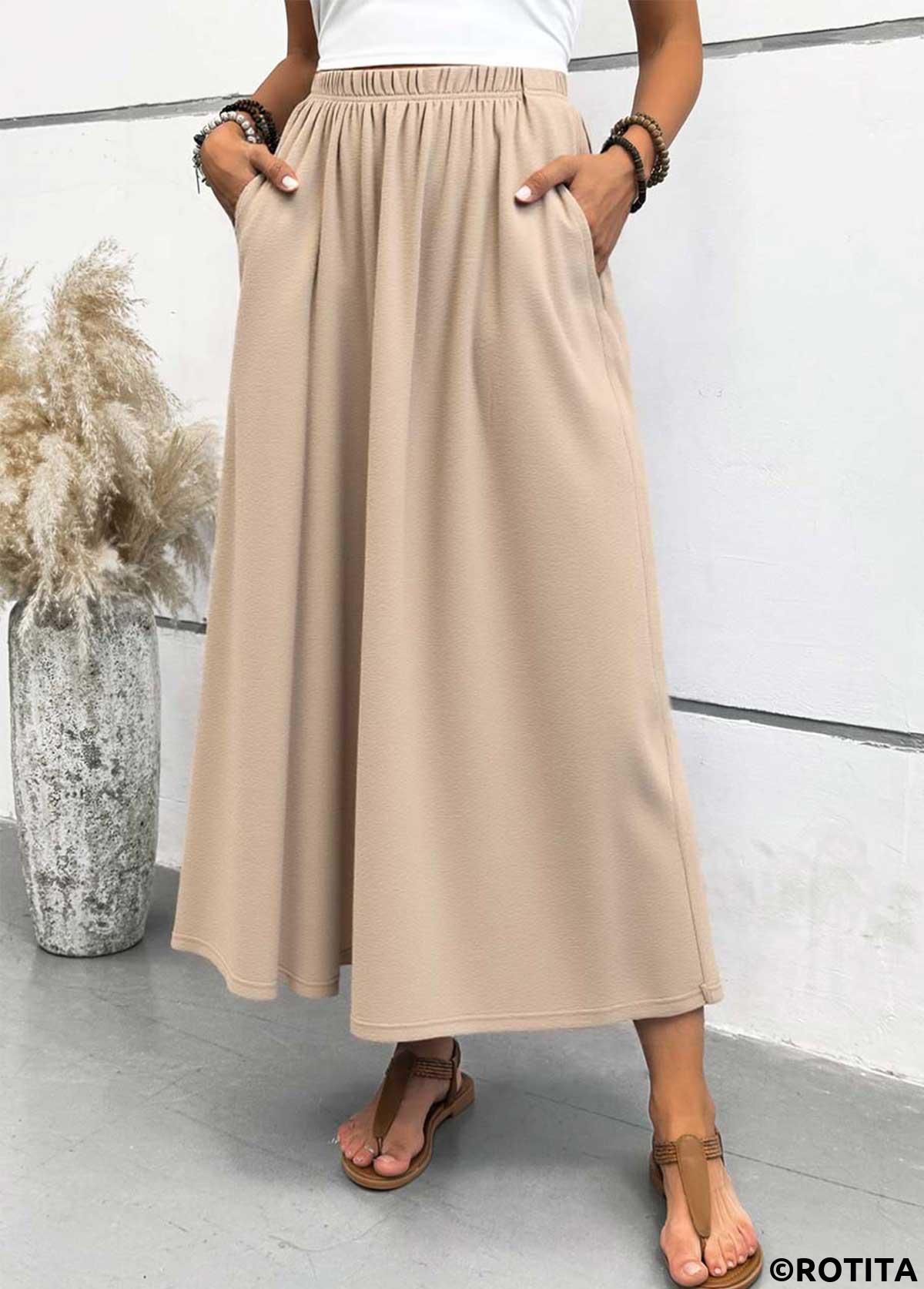 Light Camel bottoms,Plain Color bottoms,ROTITA Pocket Light Camel Maxi Elastic Waist A Line Skirt